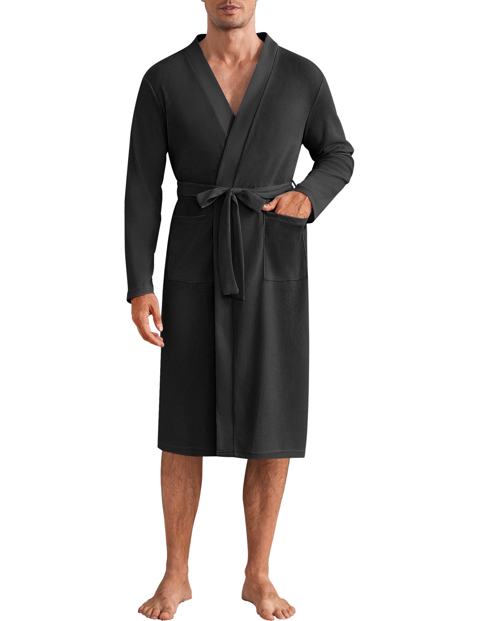 Ekouaer Men's Lightweight Waffle Knit Bathrobe - Soft Kimono Style Spa Robe with Pockets, V-Neck Long Sleeve Sleepwear for Shower, Lounge & Relaxation at Home