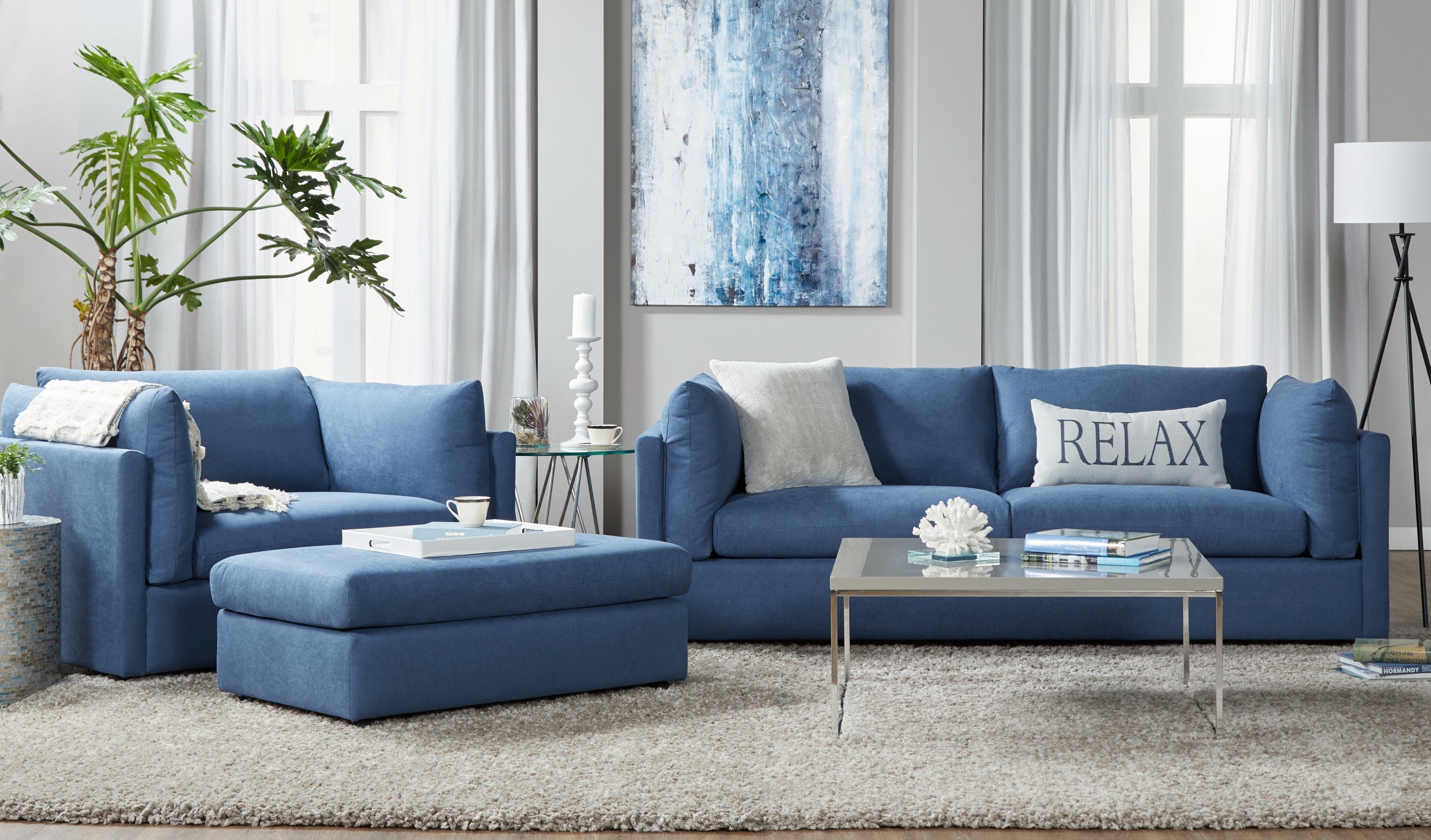 Roundhill Furniture Enda Pillow Back Fabric Sofa and Cuddler Chair Set - Navy Blue Living Room Collection for Cozy Family Gatherings & Relaxation