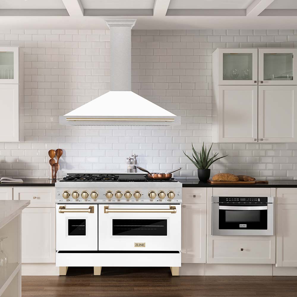 ZLINE KB4SNZ WM48 48-Inch Convertible Wall Mount Range Hood - Satin Stainless Steel with White Matte Shell & Accent Handle | Autograph Edition | Perfect for Modern Kitchens, Open-Concept Homes & Gourmet Cooking