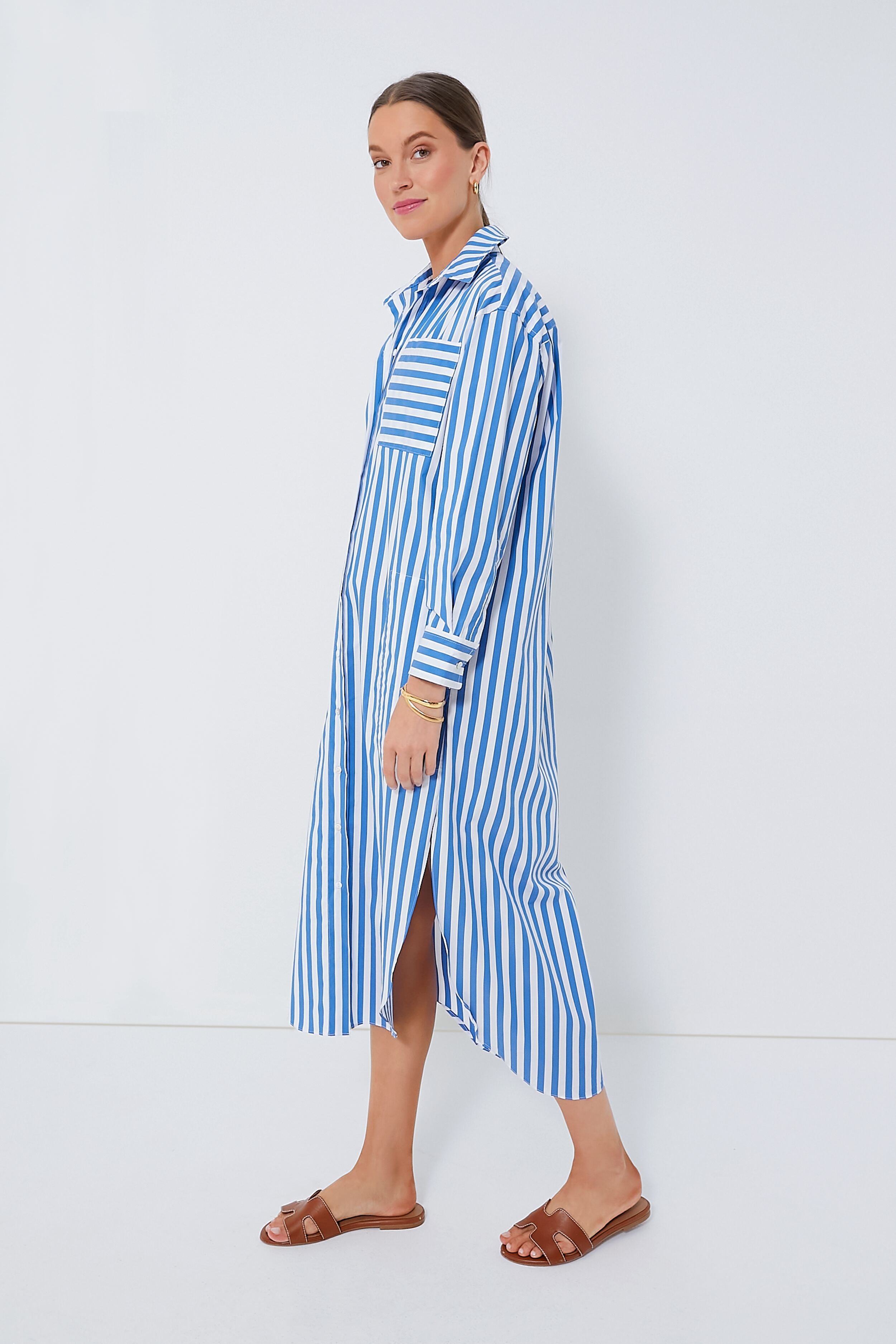 Blue Stripe Constance Maxi Shirt Dress for Women - Elegant Long Sleeve Button Down Tunic - Perfect for Casual Outings, Office Wear & Summer Vacations