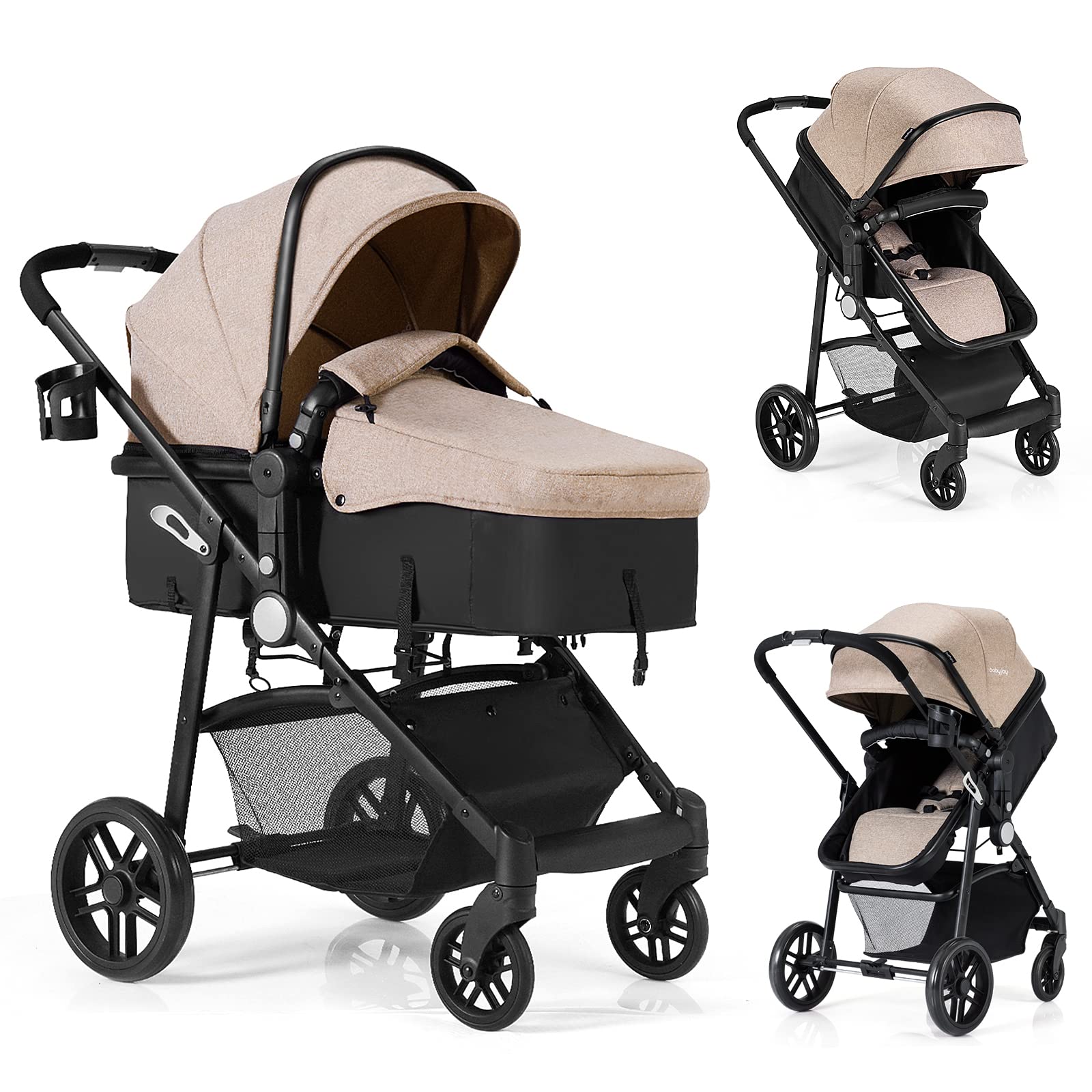 BABY JOY 2-in-1 Convertible Baby Stroller with Bassinet - Light Coffee | Pushchair with Foot Cover, Cup Holder & Large Storage | Suspension Wheels & 5-Point Safety Harness | Perfect for Newborns, Toddlers & Travel