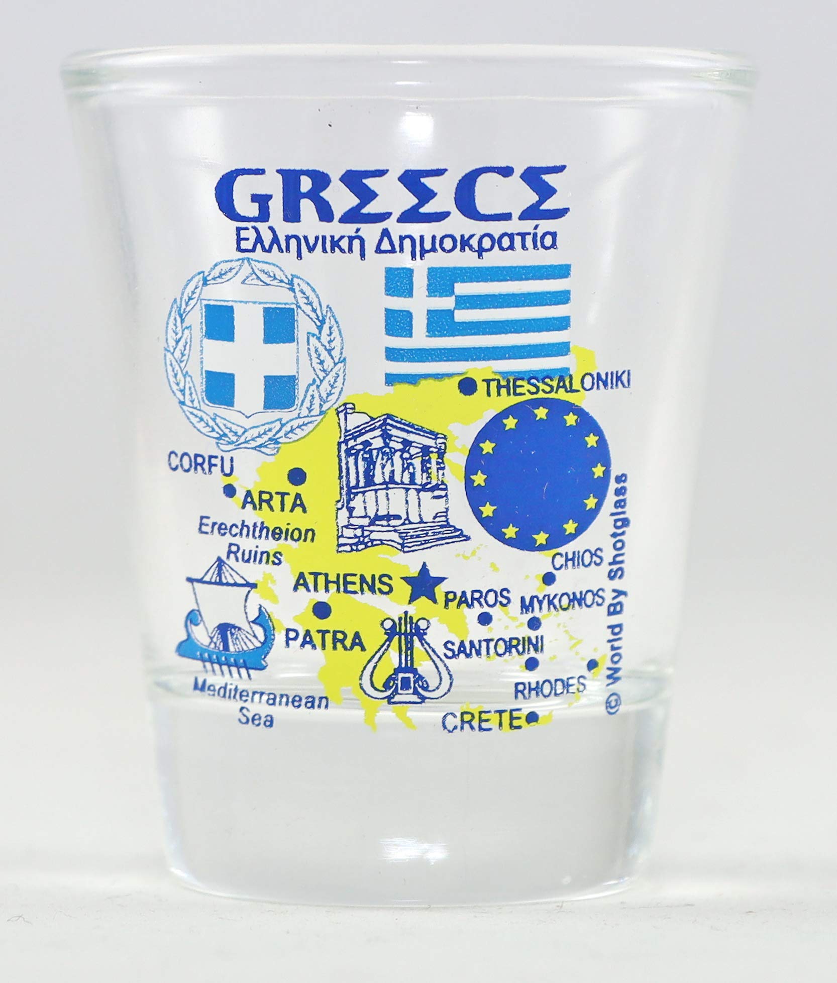 Greek Landmarks & Icons Collage Shot Glass - Acropolis, Santorini & More - Perfect for Parties, Gifts & Collectors