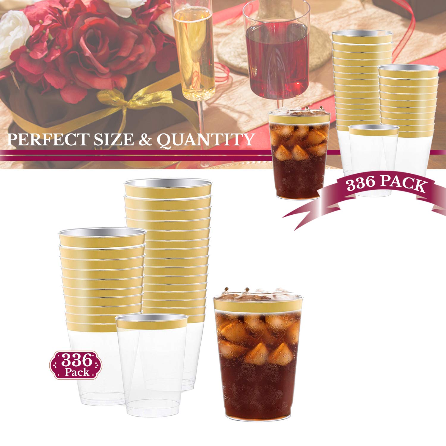 Smarty Had A Party 10 oz Clear Disposable Plastic Tumblers - Pack of 336 Elegant Gold Trim Cups for Cocktails, Iced Coffee, Smoothies, Parties & Events - Perfect for Weddings, Baby Showers & Office Gatherings