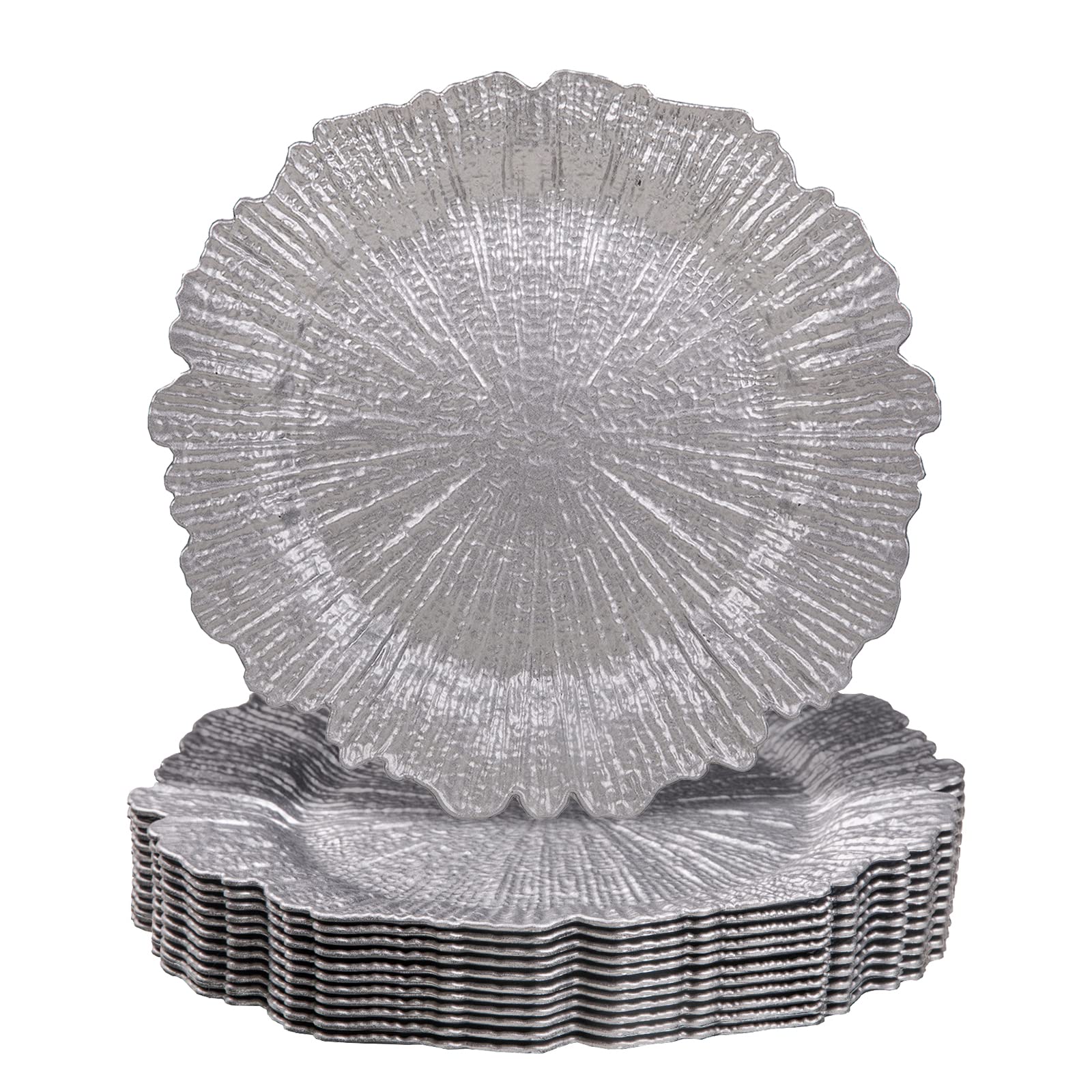 MAONAME 12-Pack Silver Charger Plates - Elegant Plastic Decorative Dinner Plate Chargers for Table Setting, Thanksgiving & Christmas Celebrations - Perfect for Holiday Parties, Wedding Receptions & Fine Dining Events