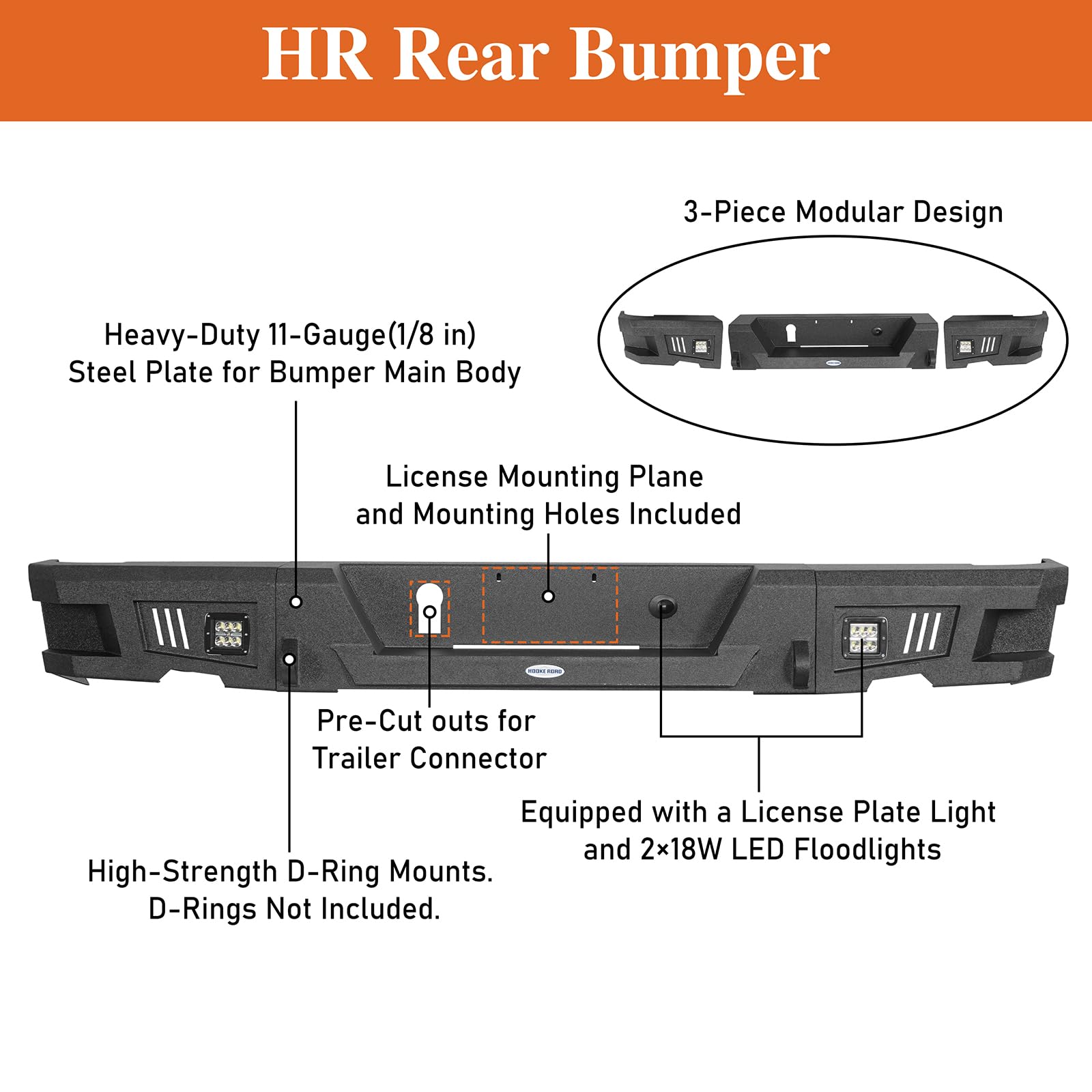 Hooke Road Heavy Duty Rear Bumper with D-Ring Mount & LED Lights for 2009-2018 Dodge Ram 1500 Pickup Truck - Offroad Step Bumper for Enhanced Safety and Towing - Perfect for Off-Roading, Camping & Work Sites