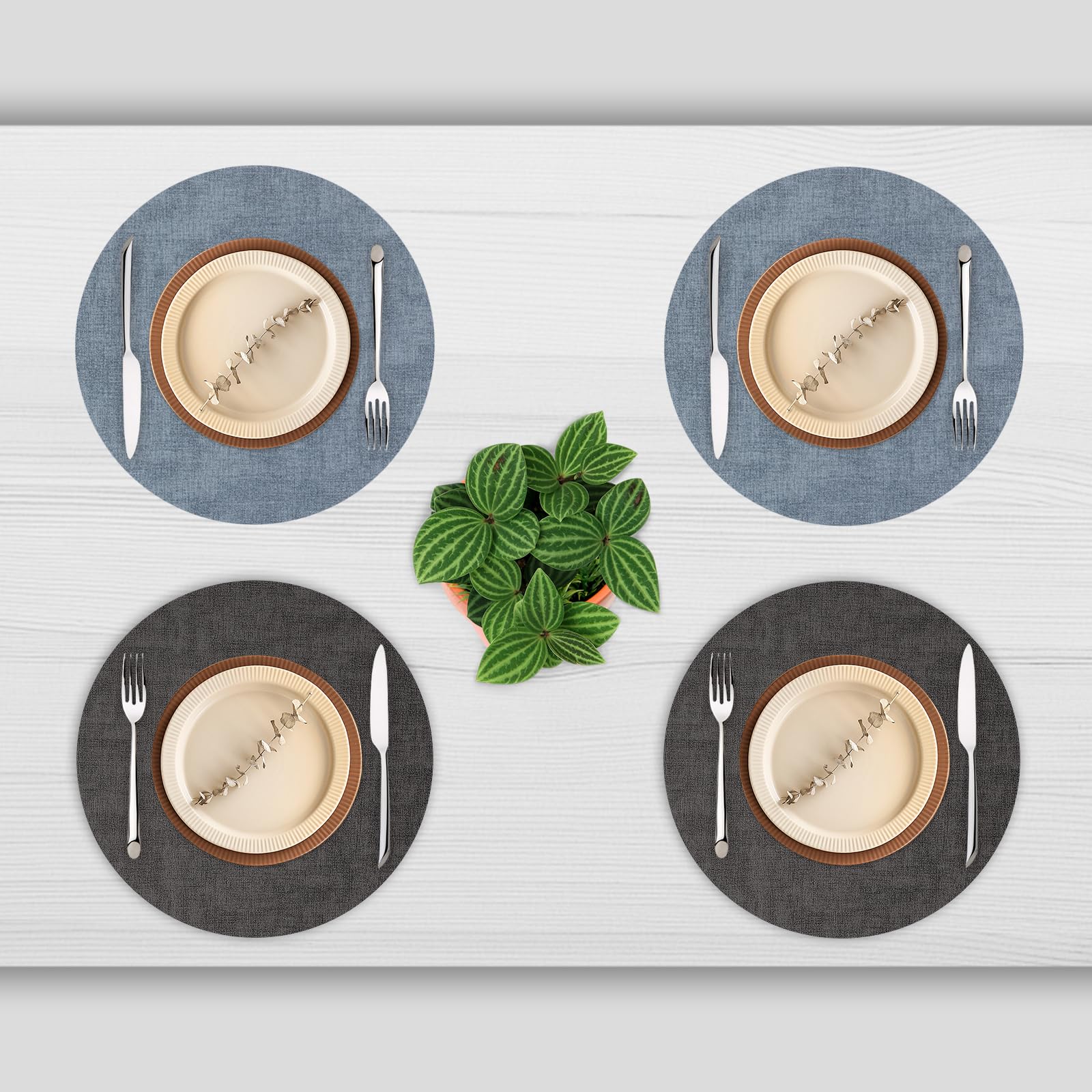 Myir JUN Round Placemats Set of 4 - Dual Sided Faux Leather Table Mats for Dining, Non-Slip Washable Placemats for Indoor & Outdoor Use - Perfect for Dinner Parties, Picnics, and Daily Meals (Gray Light Blue)