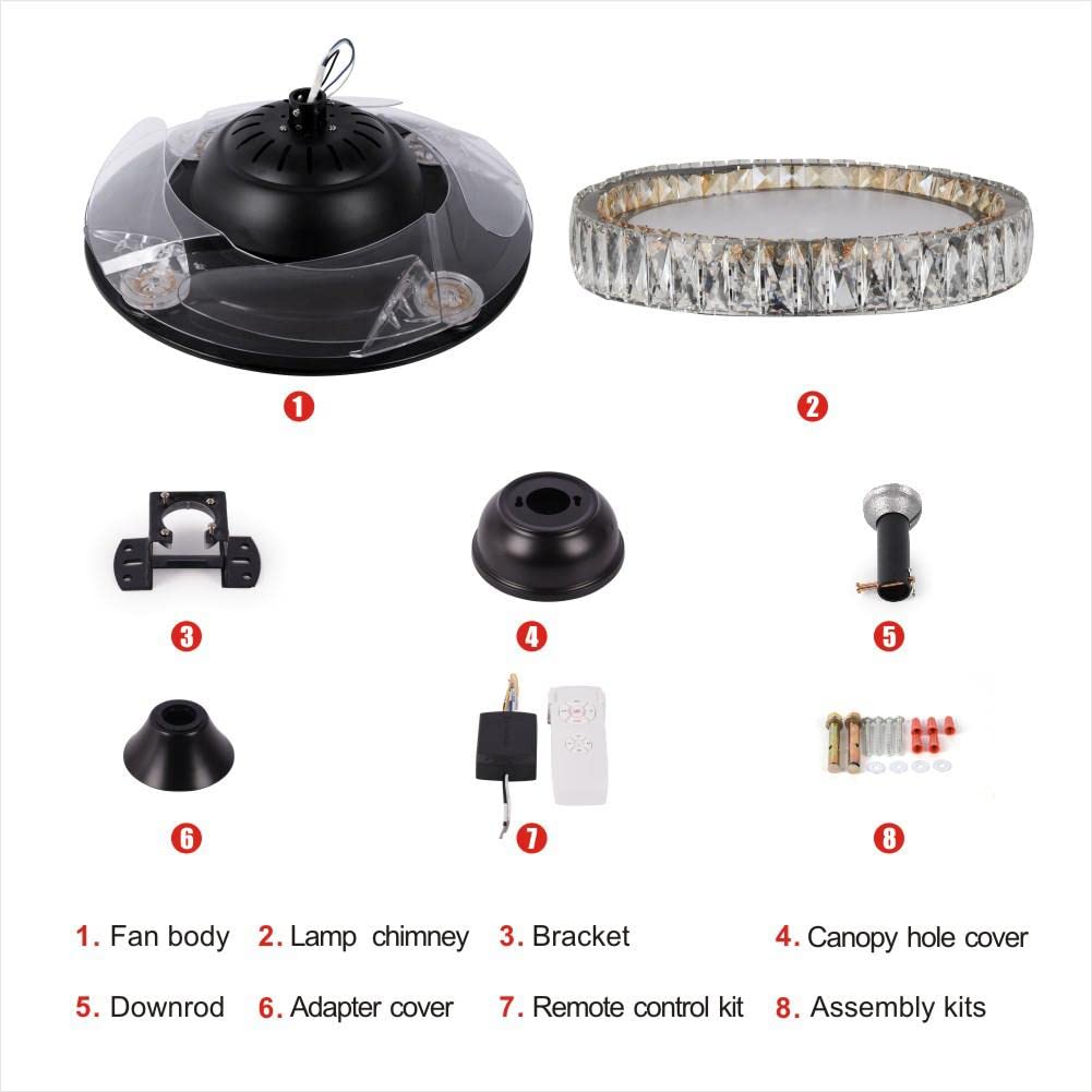 RuiWing 42 Inch Modern Crystal Ceiling Fan with Light - Retractable Blades, 6 Speed Remote Control, Reversible Function & 3 Color Lighting - Black Chandelier Fan for Living Room, Bedroom, Dining Room & Indoor Spaces
