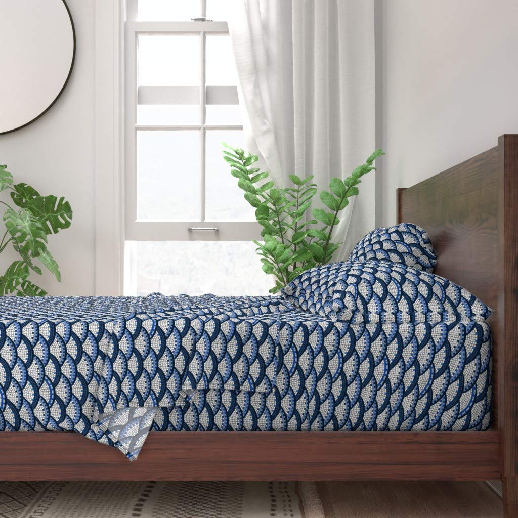 Spoonflower 100% Cotton King Size 4-Piece Bed Sheet Set - Mosaic Swimming Tile Blue Scallops Waves Vintage Geometric Print Custom Bedding for Home Decor & Coastal Themed Bedrooms