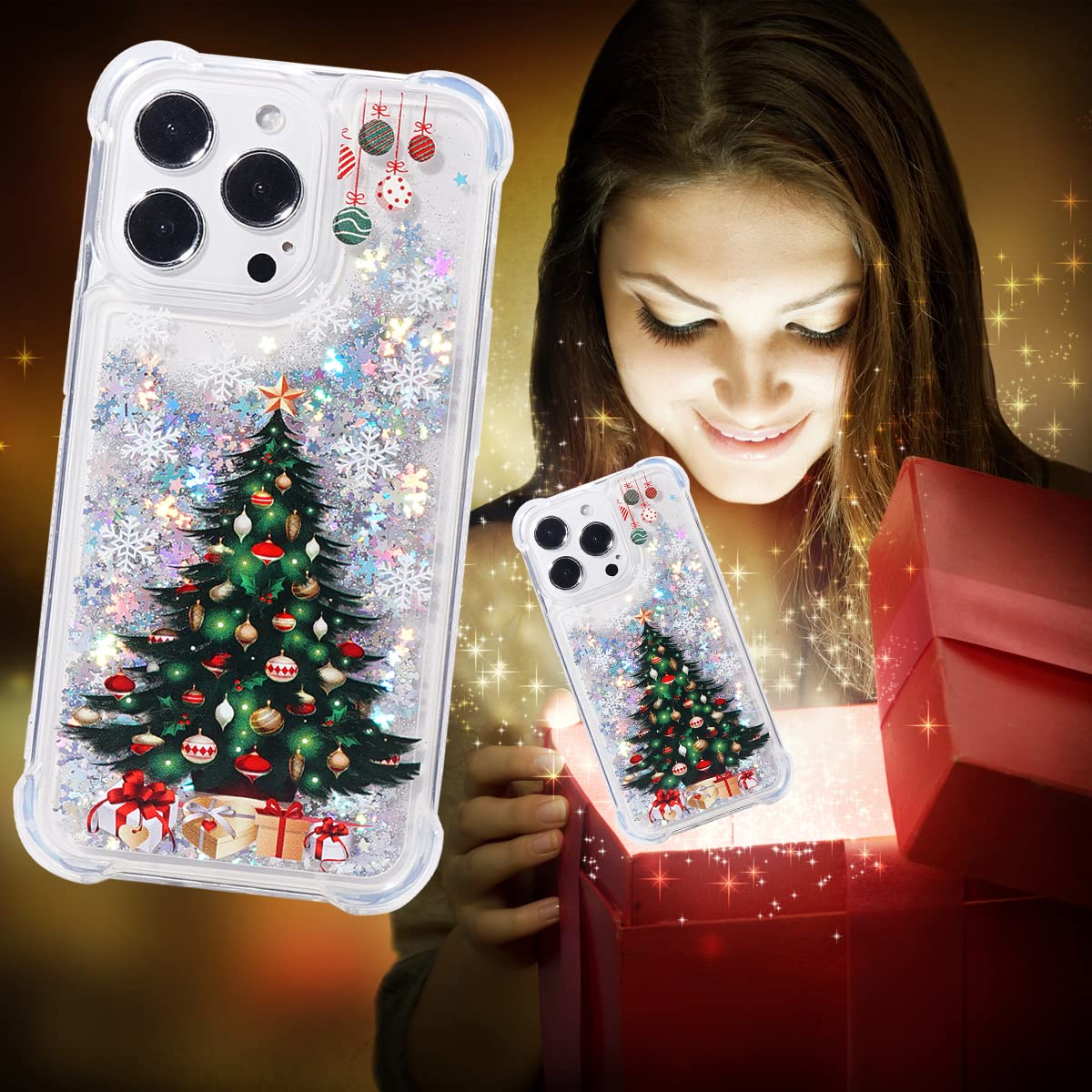 Christmas Tree Glitter Phone Case for iPhone 13 Pro Max - Clear Soft TPU Rubber Bumper, Holiday Cute Girly Women's Protective Cover | Perfect for Christmas Parties, Gift Giving & Festive Celebrations