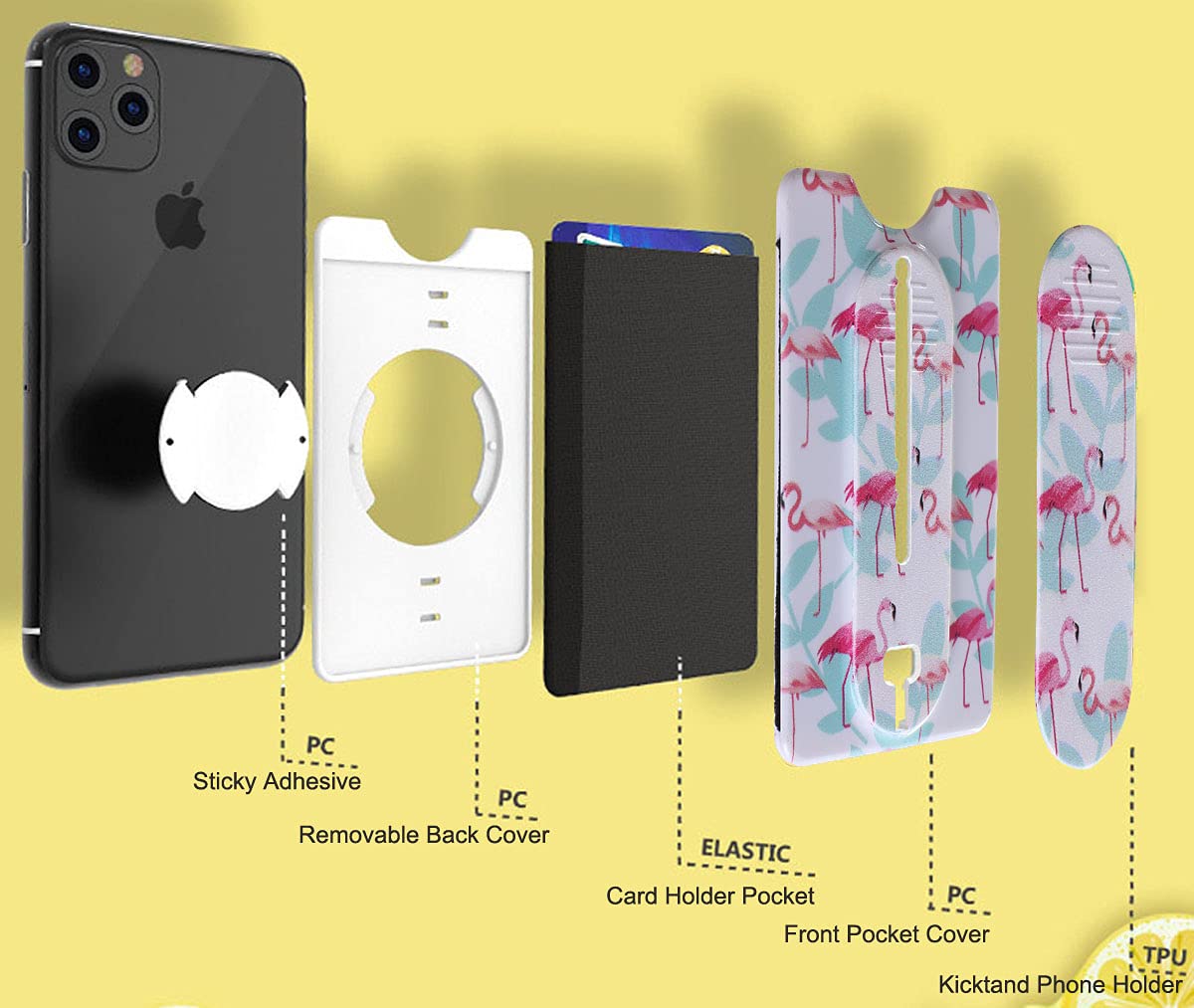 Detachable Phone Wallet with Kickstand & Grip - Wireless Charging Compatible for iPhone & Smartphones (Blue Flamingo) - Perfect for Selfies & Hands-Free Use