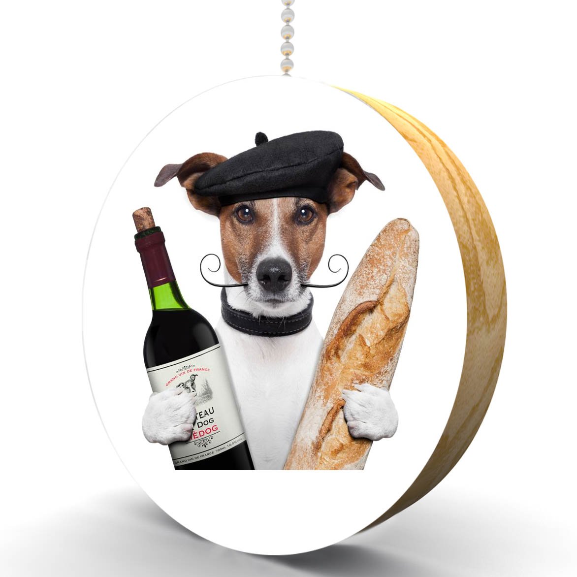 French Dog with Wine and Bread Hardwood Oak Ceiling Fan Pull Chain - Rustic Home Decor for Kitchen, Dining Room & Farmhouse Style Interiors