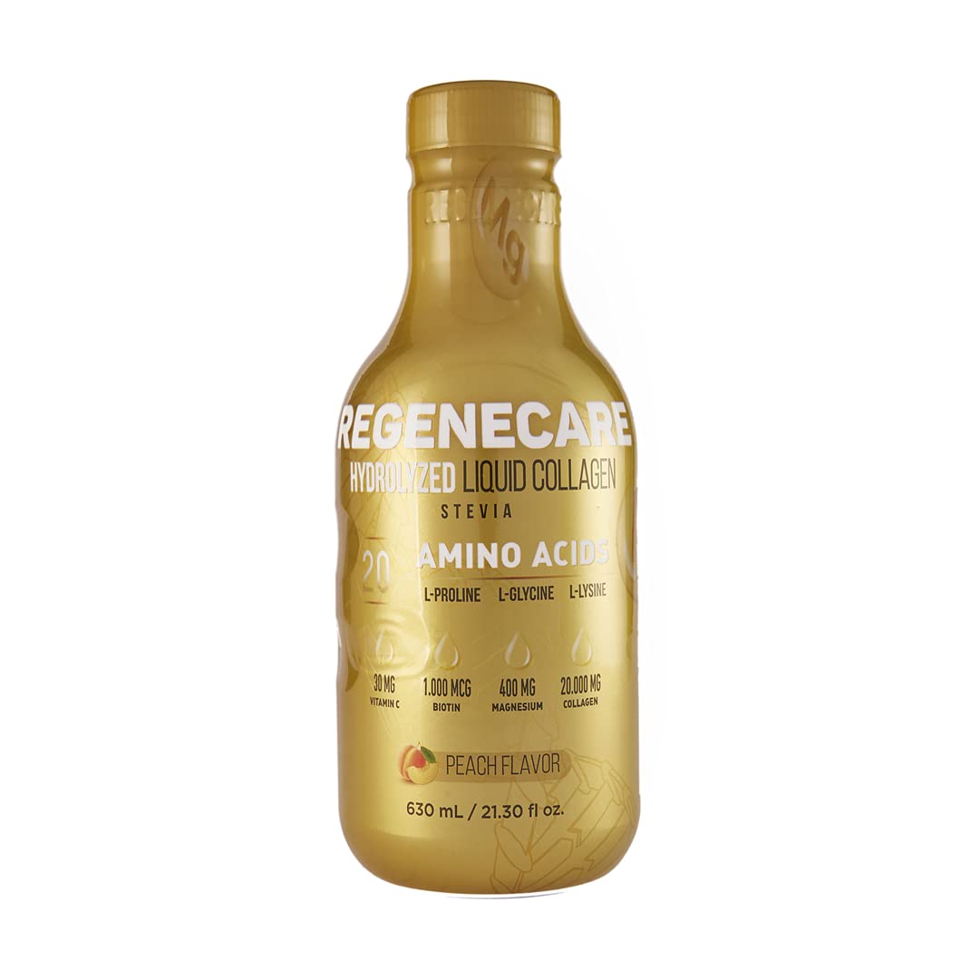 Regenecare Hydrolyzed Collagen Liquid Supplement for Hair Growth, Skin Hydration & Joint Support | Peach Flavor with 20 Amino Acids, Vitamin C & Biotin | 630ml (21.3oz) | Promotes Healthy Nails & Bone Strength | Perfect for Daily Wellness Routine & Post-Workout Recovery