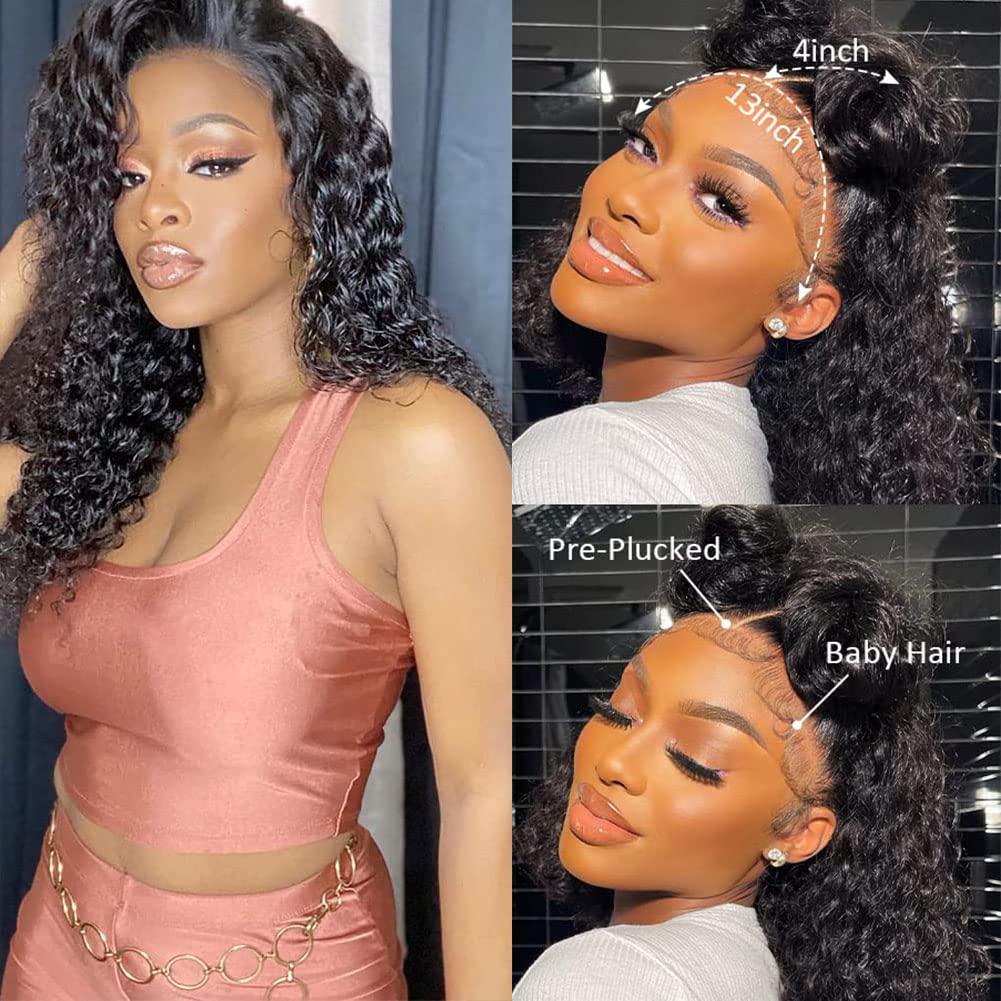 HD Lace Front Wigs Human Hair - Water Wave Deep Curly Glueless Wigs with Baby Hair | 180% Density 30inch Natural Black | Perfect for Daily Wear, Parties & Special Occasions