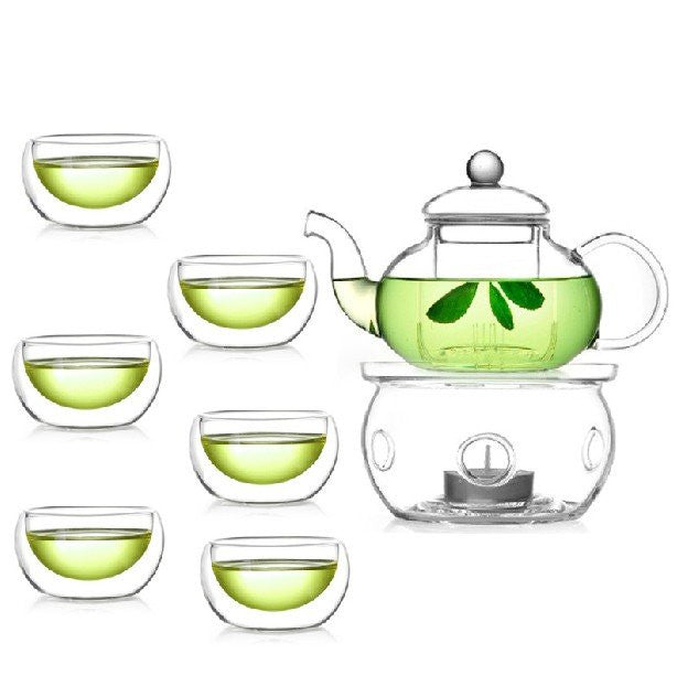 10-Piece Wholesale Gongfu Chinese Ceremony Tea Set - 6 Glass Cups with Infuser & Tealight Candle Warmer Pot - Perfect for Home, Office & Traditional Tea Ceremonies