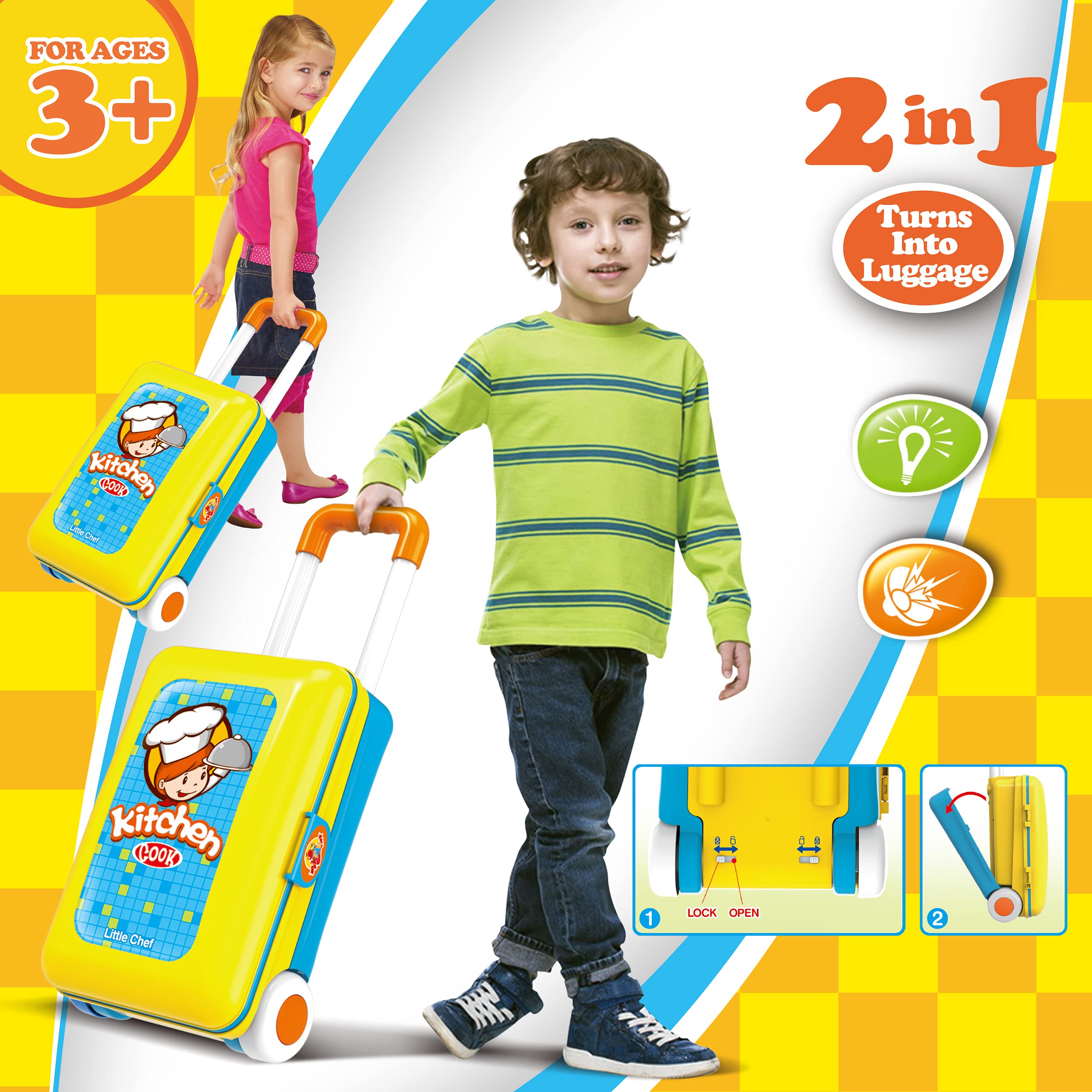 2-in-1 Travel Suitcase Kids Kitchen Playset | Toy Pots, Pans, Dishes & Utensils with 30+ Food Items - Durable ABS Plastic Pretend Play Cooking Set for Toddlers & Preschoolers (Blue/Yellow) - Perfect for Indoor Play, Birthday Gifts & Early Learning Development