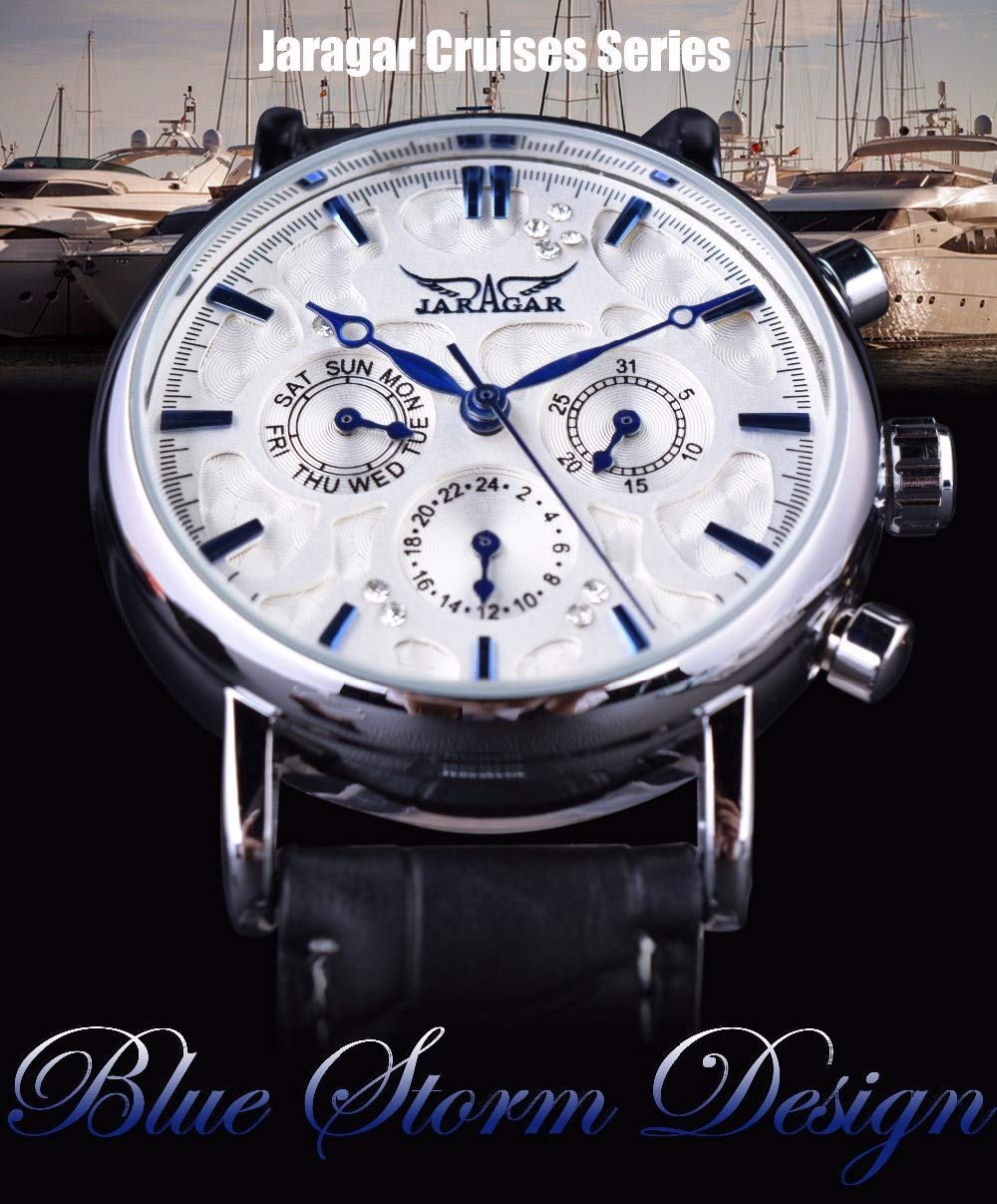 Luxury Blue Hands White Dial Leather Strap Men's Automatic Mechanical Watch with 3 Subdials & Diamond Accents - Perfect for Business, Formal Events & Gift Giving