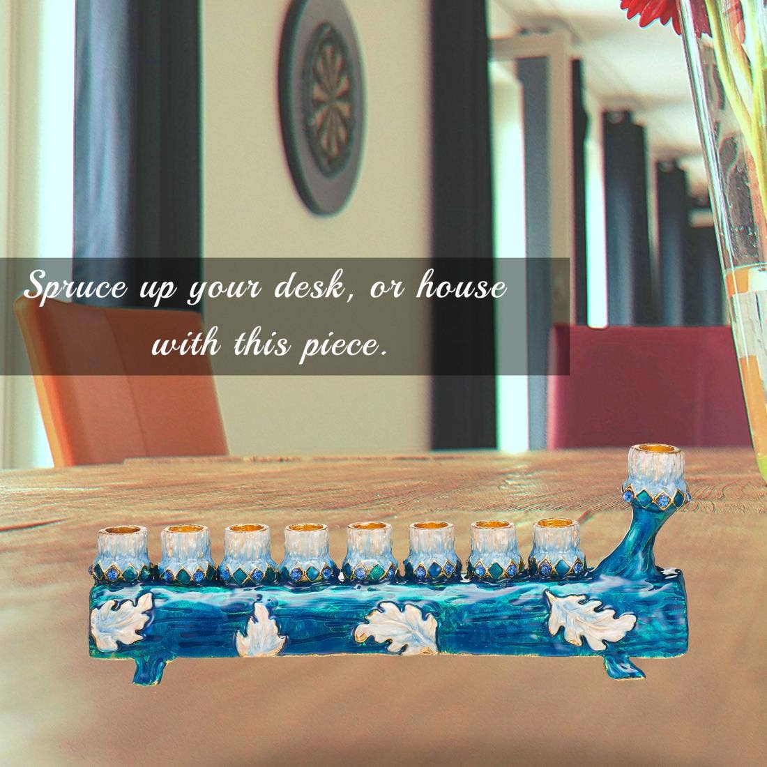 Hand-Painted Blue and Ivory Matashi Menorah Candelabra - Elegant Hanukkah Decor for Jewish Holidays, Home & Synagogue Celebrations