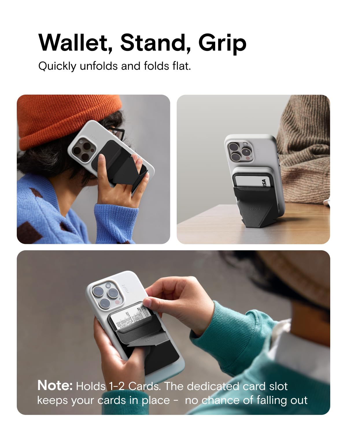 MOFT Magnetic Wallet Stand for iPhone 16/15/14/13/12 Series - Adjustable Angle, MagSafe Compatible Phone Holder with Card Slot - Jet Black - Perfect for Work, Travel and Hands-Free Viewing