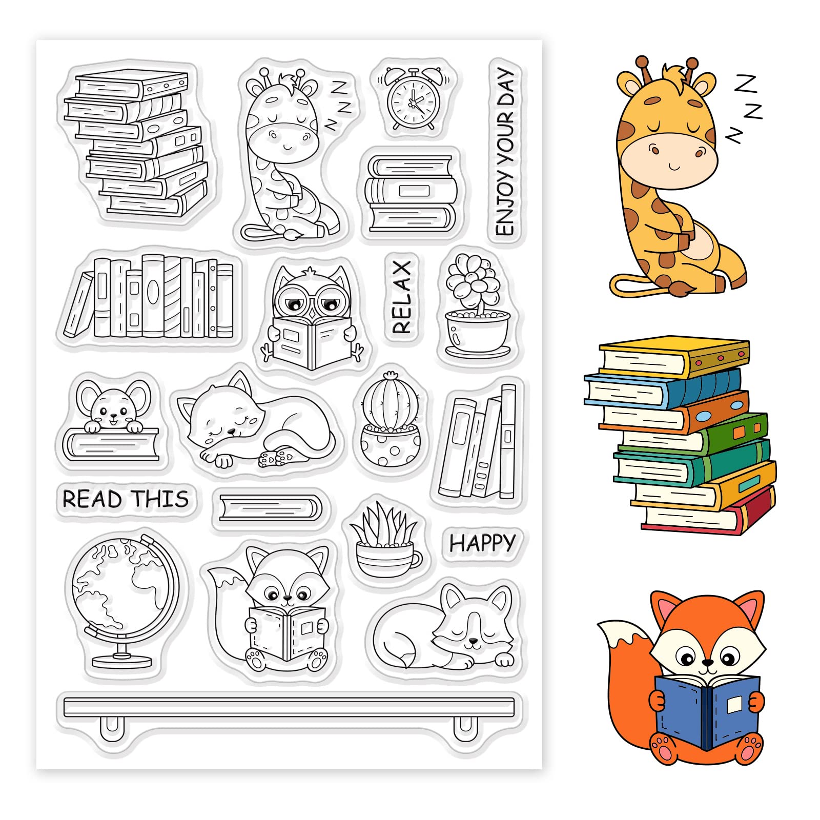 PH PandaHall Animal Study Pattern Clear Stamps - Giraffe, Cat, Fox, Mouse, Books, Globe & Clock Transparent Rubber Stamps for Scrapbooking, Card Making, Photo Albums & DIY Crafting - Perfect for Classroom Projects, Memory Books & Handmade Greeting Cards