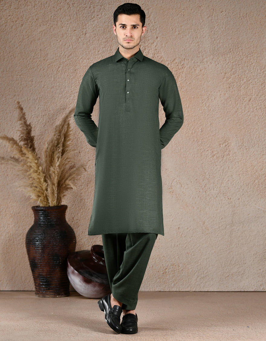 Premium Blended Bottle Green Unstitched Suit by J. Junaid Jamshed - Elegant Formal Wear for Weddings, Parties & Special Occasions