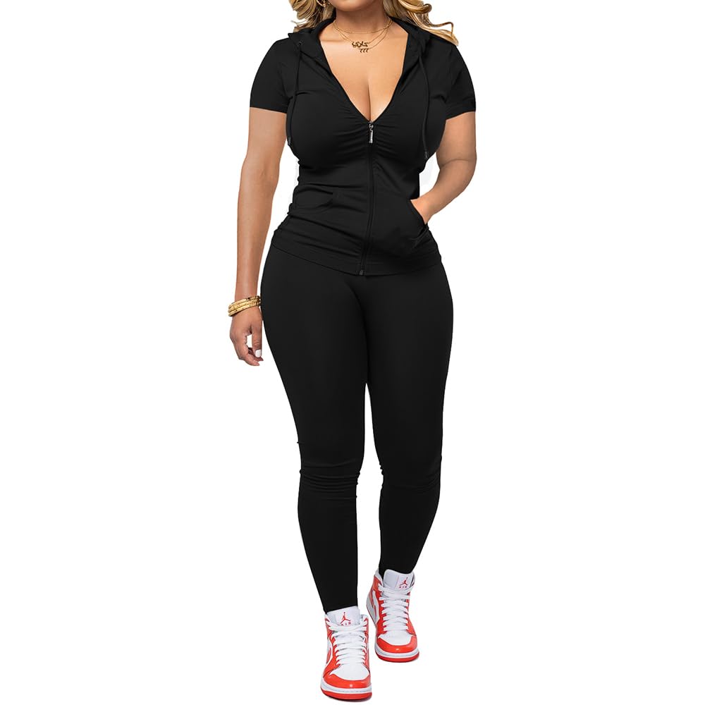PINSV Women's 2-Piece Workout Set - Short Sleeve Bodycon Tracksuit & Joggers | Gym Outfit, Yoga Clothes, Running & Lounge Wear