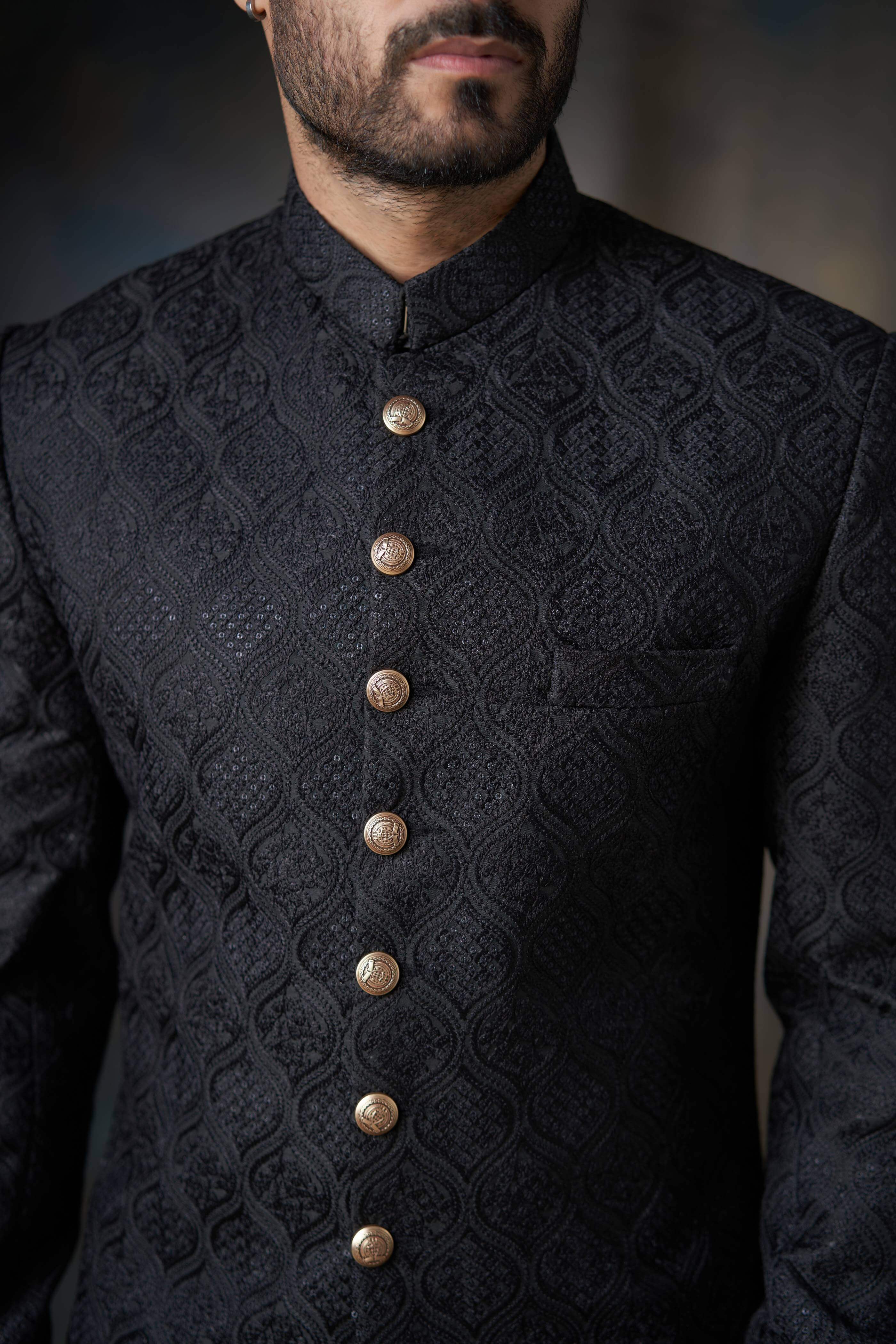 Jet Black Persian Gardens Short Sherwani for Men - Elegant Traditional Indian Wedding Attire for Groom & Groomsmen - Perfect for Weddings, Festivals & Special Occasions