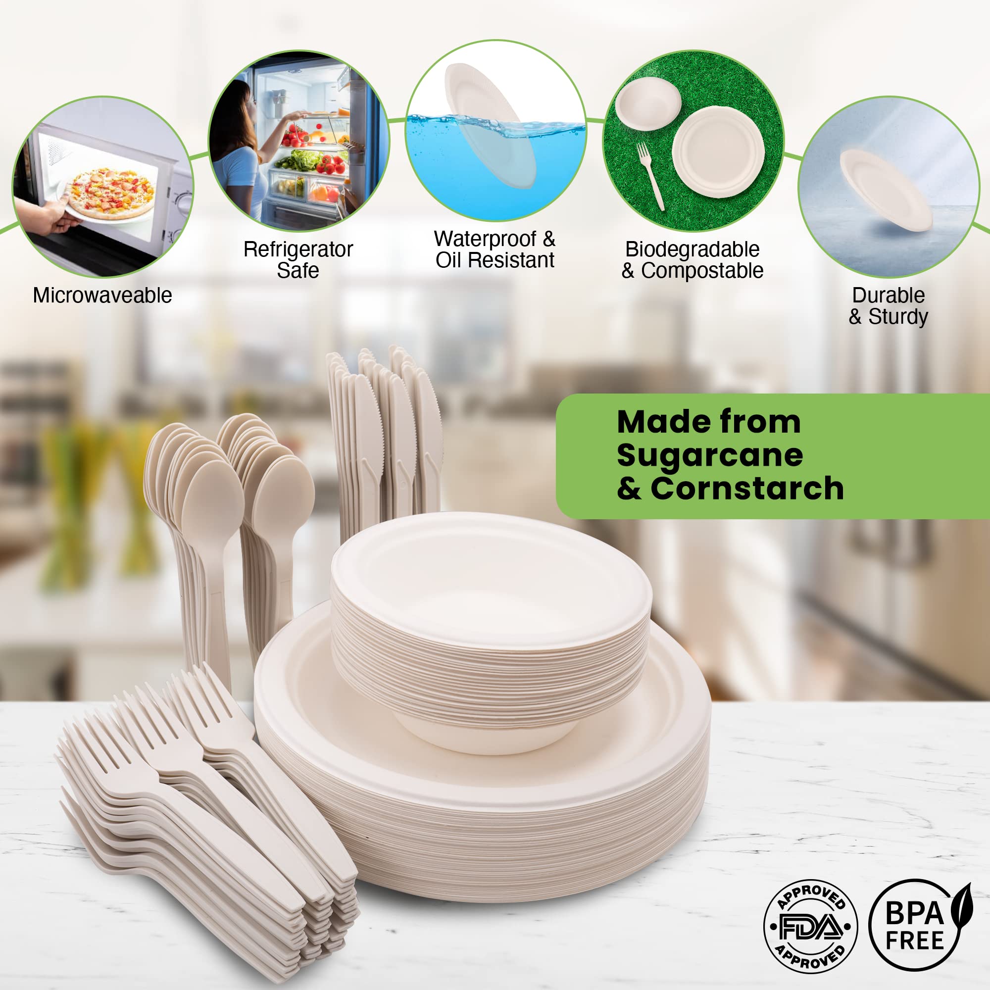 250-Piece (50 Sets) Biodegradable Paper Plates Set with Extra Long Utensils | Eco-Friendly Compostable Disposable Dinnerware | Includes Plates, Bowls, Forks, Knives & Spoons | Perfect for Parties, Picnics & Outdoor Events
