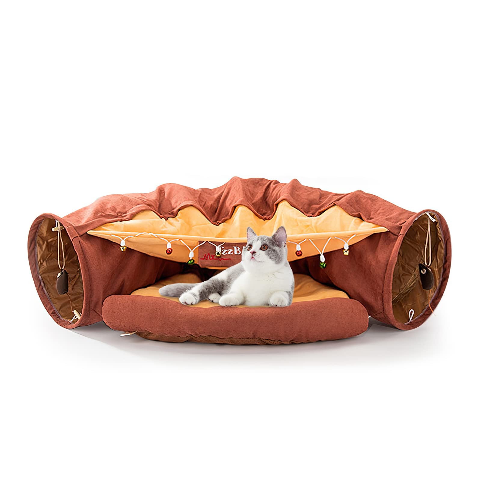 Cozy Cat Tunnel Bed with Cushion & 2 Hanging Scratching Balls - Soft Pet Cave for Indoor Cats (Dark Brown) - Perfect for Napping, Playing & Relaxing at Home