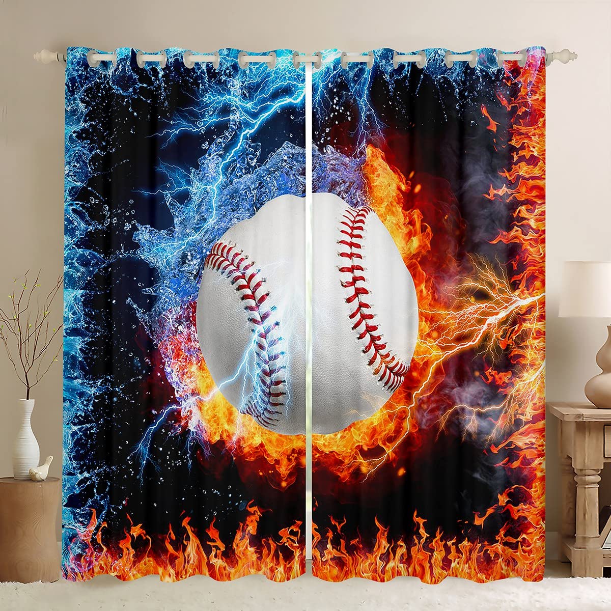 Baseball Curtains for Boys Room - Fire & Ice Sports Theme Blackout Window Drapes (52x63 Inch, 2 Panels) - Red & Blue Modern Baseball Decor for Kids & Teens Bedroom, Living Room, Game Room - 30-50% Light Blocking