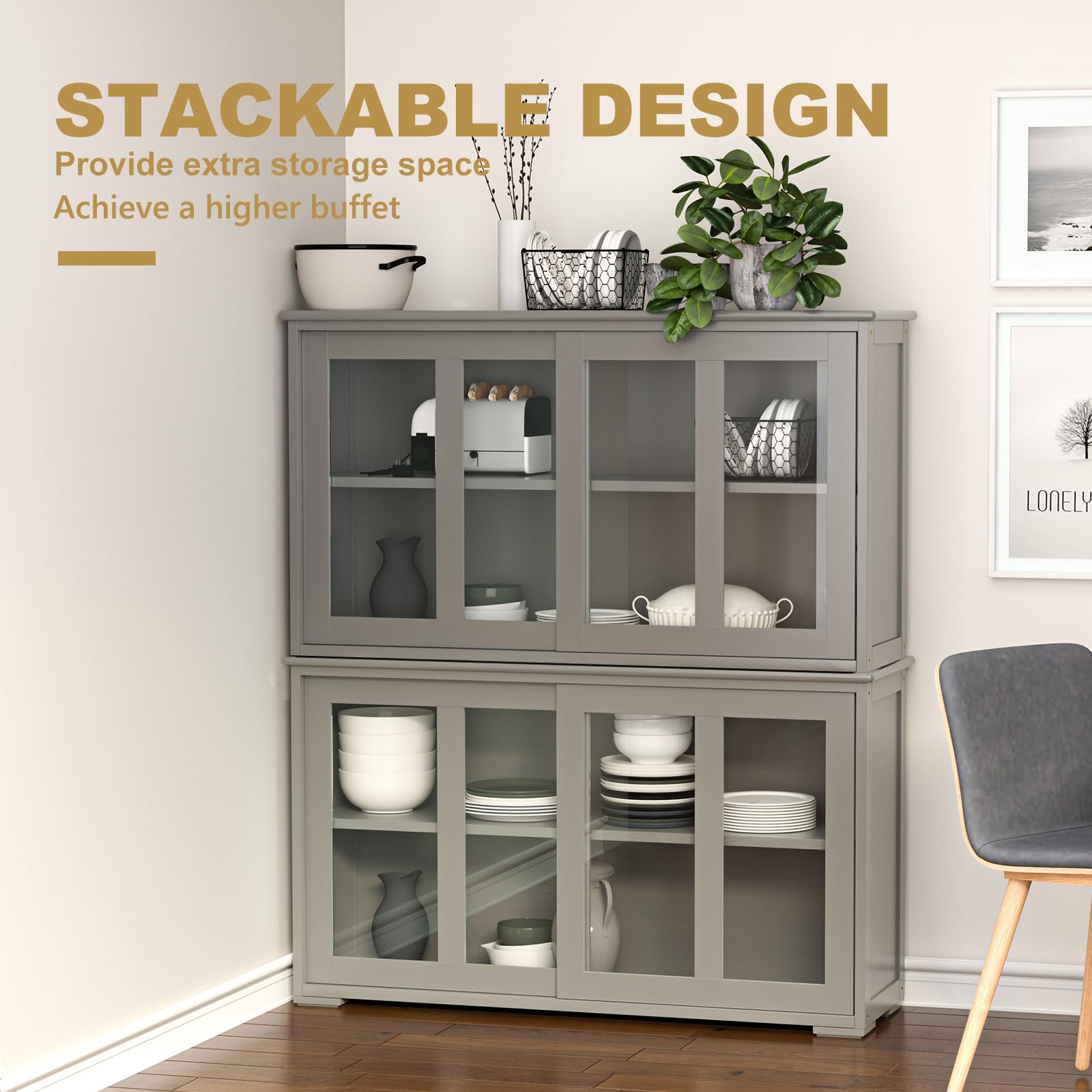Grey Wooden Sideboard Buffet Cabinet with Adjustable Shelf & Glass Sliding Doors - Stackable Cupboard Storage Table, Coffee Bar Credenza for Kitchen, Dining Room, Living Room & Entryway - Perfect for Home Organization & Entertaining Guests