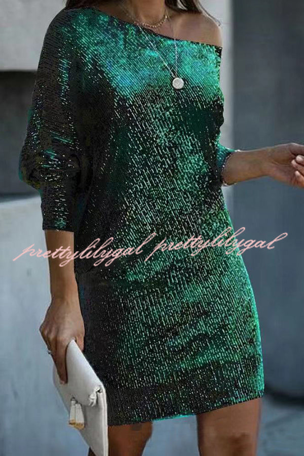 Elegant Solid Sequined Off-Shoulder Loose Mini Dress for Women - Perfect for Parties, Date Nights & Special Occasions