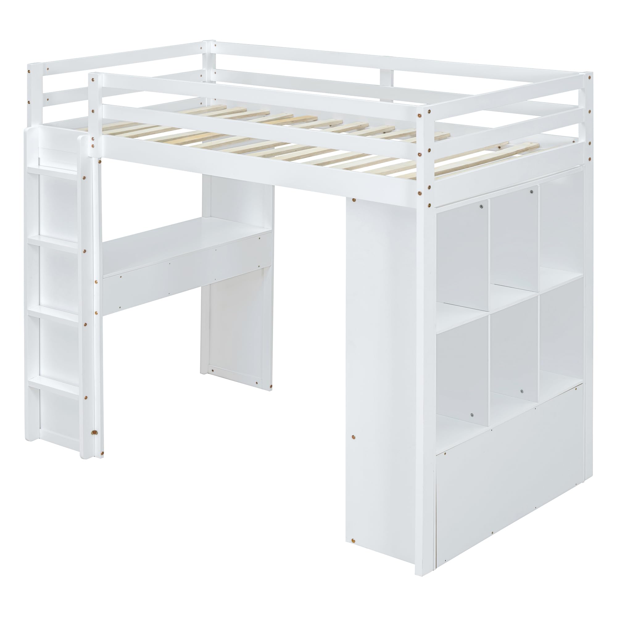 Harper & Bright Designs Full Size Loft Bed with Desk & Storage Shelves - White Wooden High Loft Bed Frame with LED Lights for Kids, Teens, Boys & Girls - Perfect for Small Bedrooms, Dorm Rooms & Space-Saving Kids' Rooms