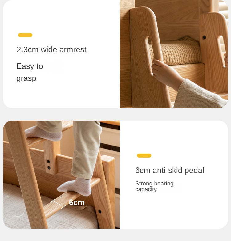 Solid Oak Wood Multi-Functional Bunk Bed with Ladder & Guardrails - Space-Saving Kids Bedroom Furniture for Siblings or Sleepovers