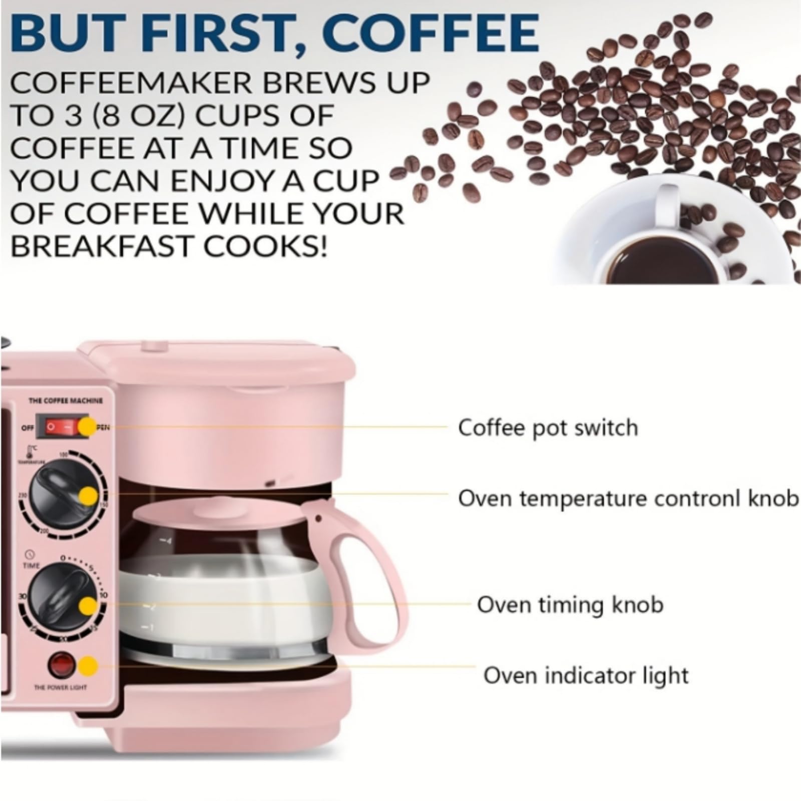 3-in-1 Breakfast Station with Coffee Maker, 9L Multifunctional Toaster Oven Combo - Includes Coffee Machine, Non-Stick Griddle & 4-Slice Toaster | Perfect for Small Kitchens, Dorms & Quick Breakfasts | Compact Pink Appliance with Timer for Home & Office Use
