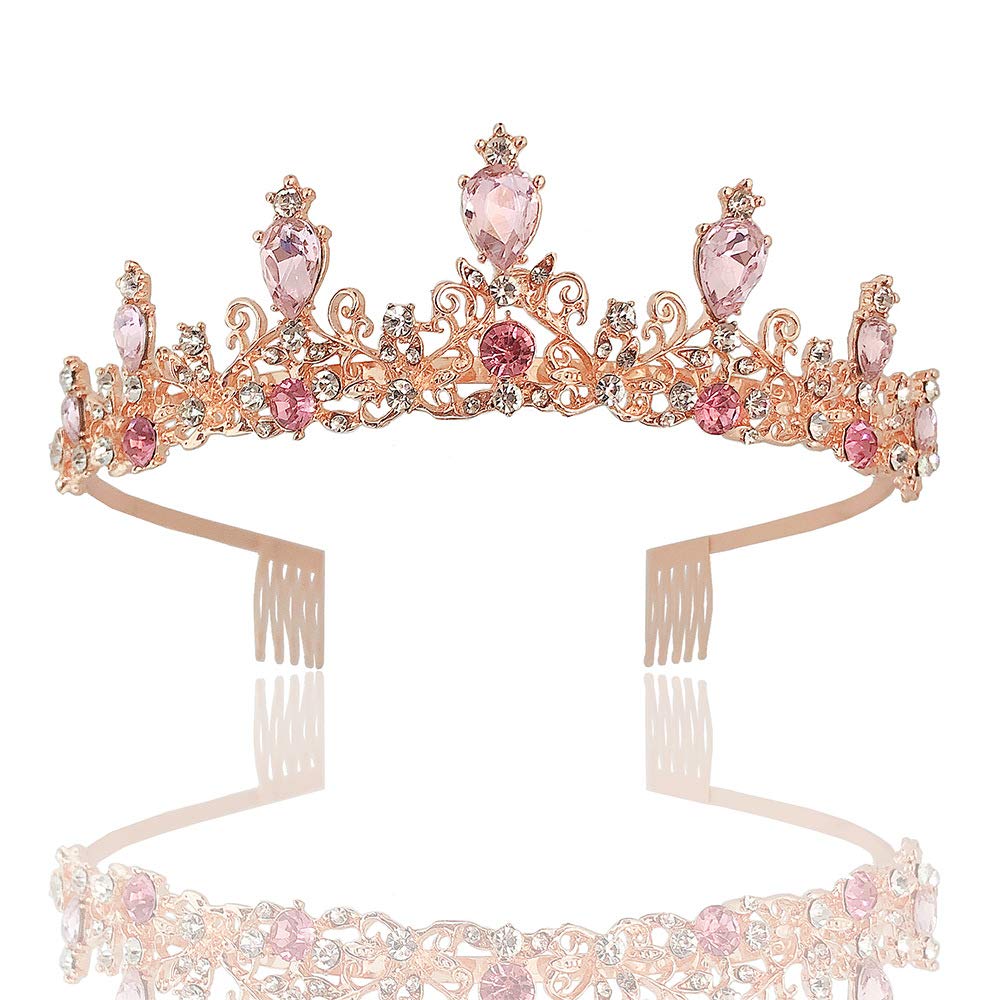 Sparkling Pink Crystal Tiara Crown with Comb for Girls & Women - Princess Headband for Birthday, Prom, Pageant, Christmas Party | Fancy Dress Costume Accessories & Cake Topper Gift