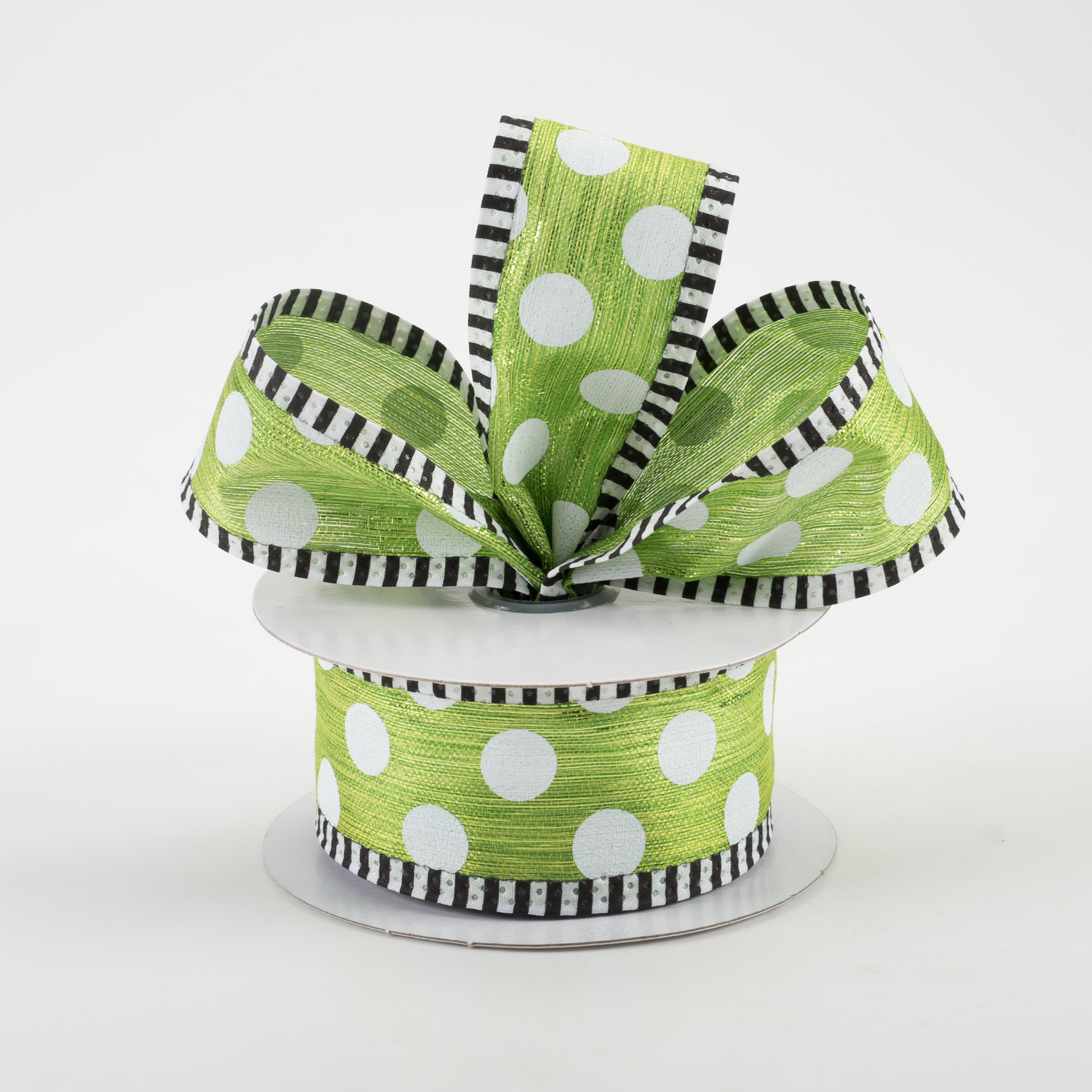 1.5 Inch Medium Polka Dot Stripe Edge Ribbon - Lime Green & White (10 Yards) for Gift Wrapping, DIY Crafts, Party Decorations, and Scrapbooking