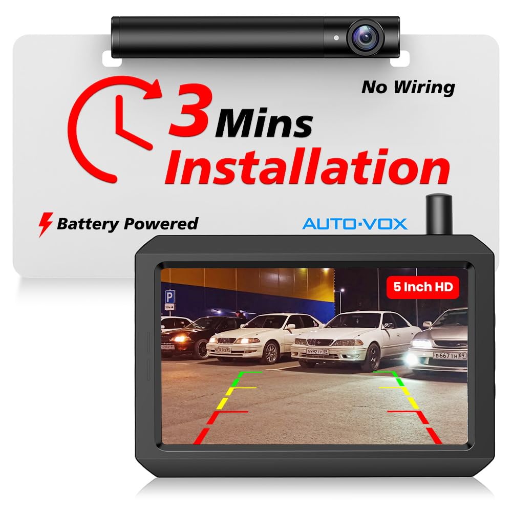AUTO-VOX Wireless Backup Camera for Cars - 5'' HD Monitor, Easy 3-Minute DIY Installation, Rechargeable Battery, Super Night Vision - Perfect for Trucks, SUVs, Vans & Trailers - Enhance Parking Safety in Low Light & Tight Spaces