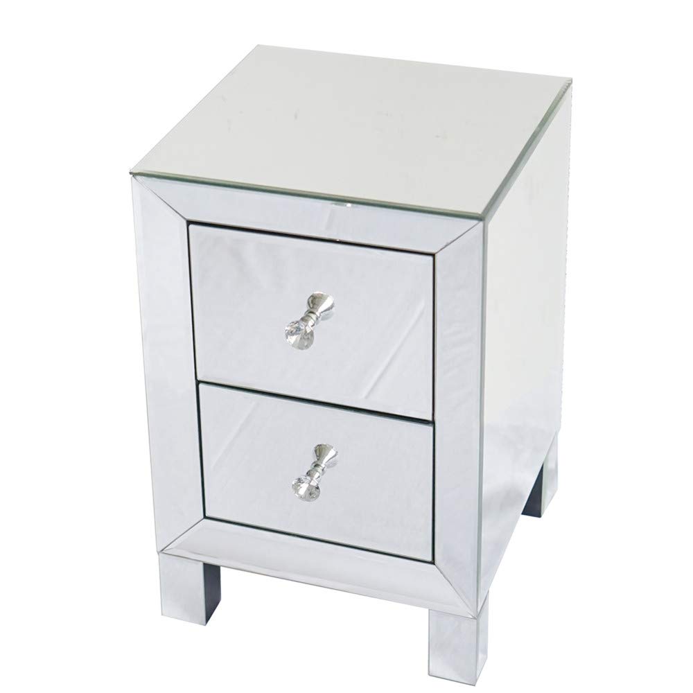 Modern Silver Mirrored Finish Nightstand with 2 Drawers & Crystal Knobs - Bedside Table for Bedroom, Living Room, Home Office - Stylish Storage Cabinet for Bathroom, Hallway, or Entryway - Perfect for Small Spaces & Apartment Decor