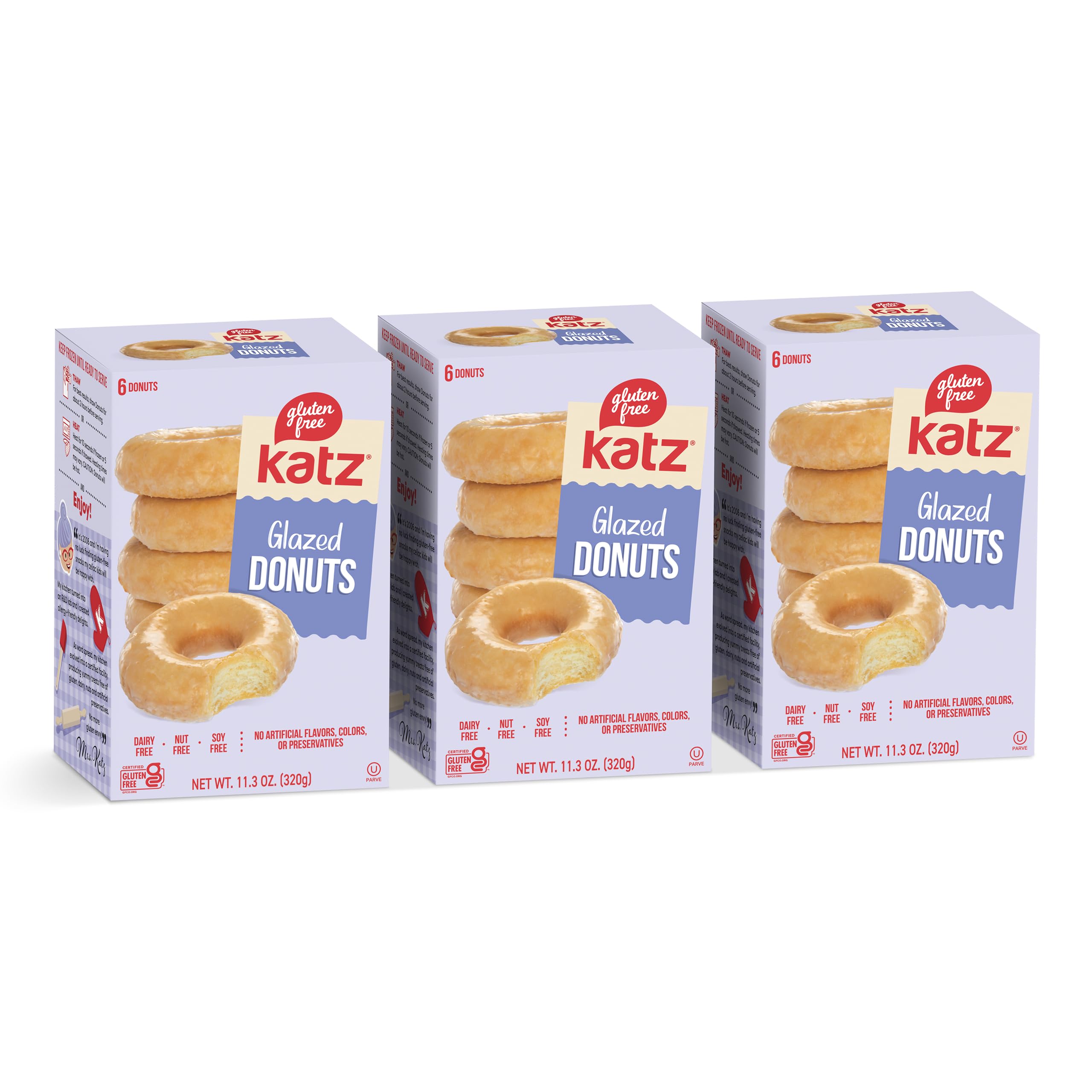 Katz Gluten Free Glazed Donuts - Dairy Free, Nut Free, Soy Free, Kosher Certified (3 Packs of 6 Donuts, 11.3 oz Each) - Perfect for Breakfast, Snacks & Celiac-Friendly Diets