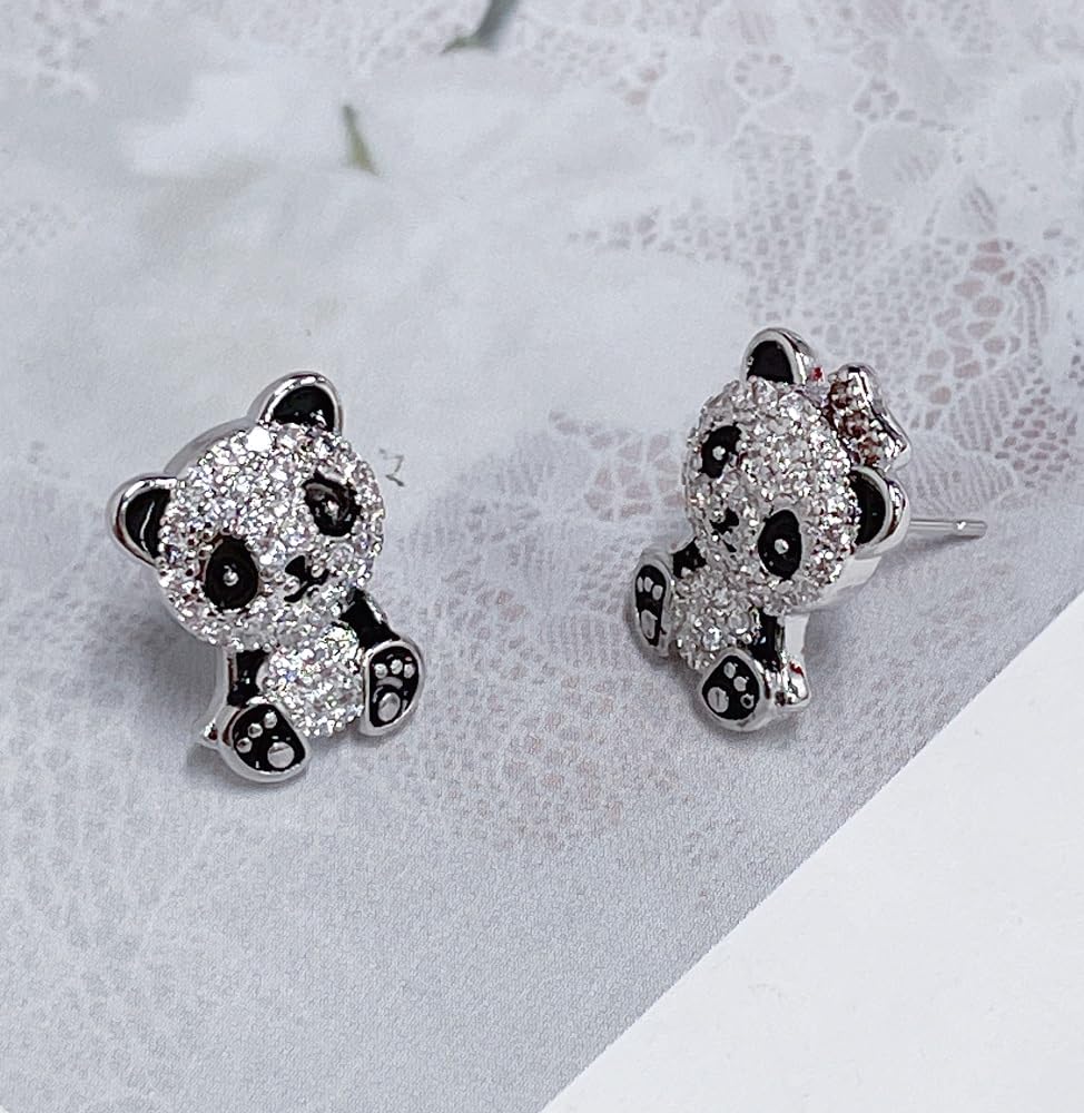 Hypoallergenic CZ Panda Stud Earrings for Women - Sterling Silver Plated Asymmetric Crystal Animal Huggie Earrings - Sensitive Ear Friendly Fashion Jewelry - Perfect Gift for Daughter, Sister & BFF - Great for Casual Wear, Date Nights & Special Occasions