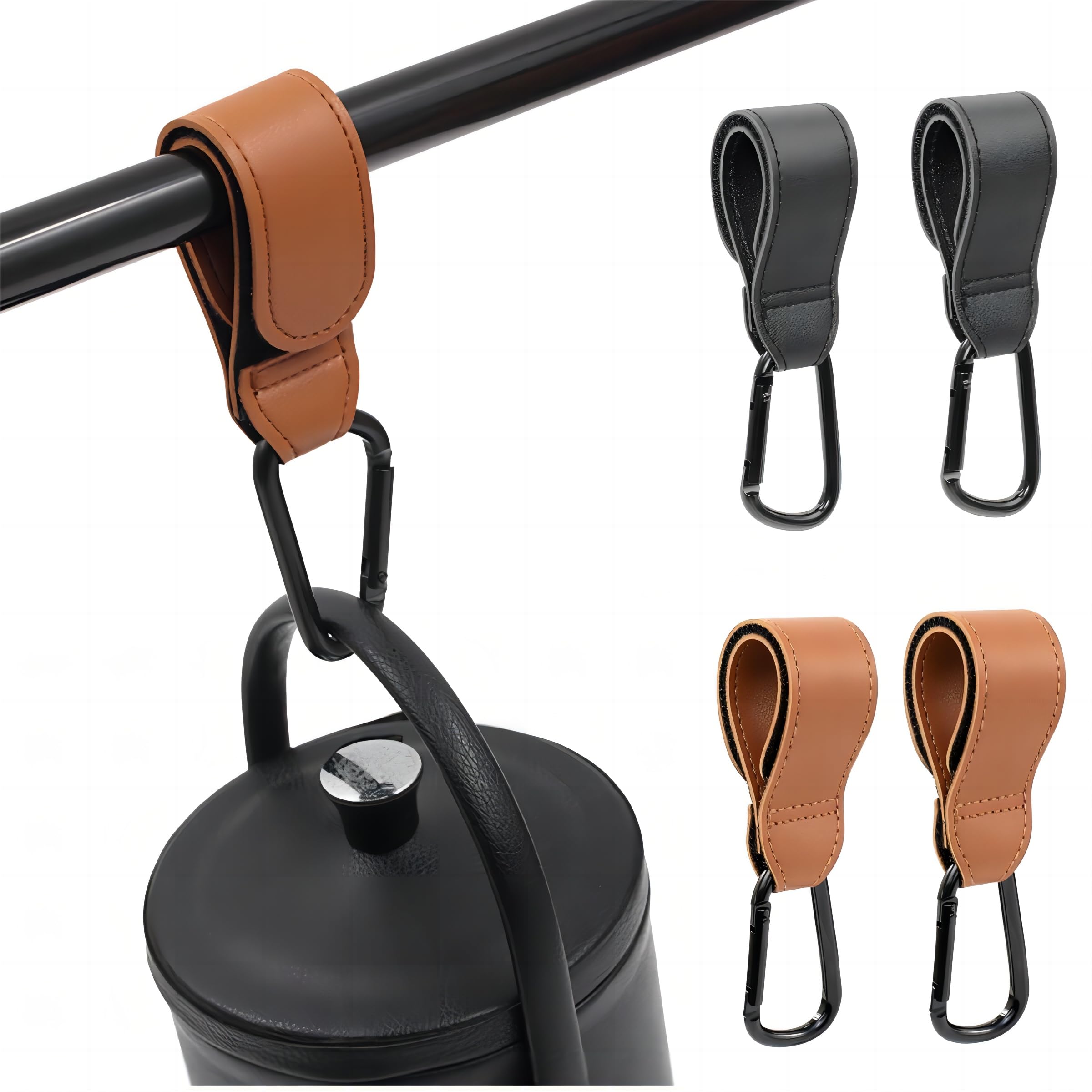 4PCS Premium Leather Stroller Hooks - Heavy Duty Multipurpose Bag Clips for Diaper Bags, Pet Carts & Grocery Shopping (Black & Brown) - Perfect for Baby Strollers, Shopping Carts & Travel Accessories