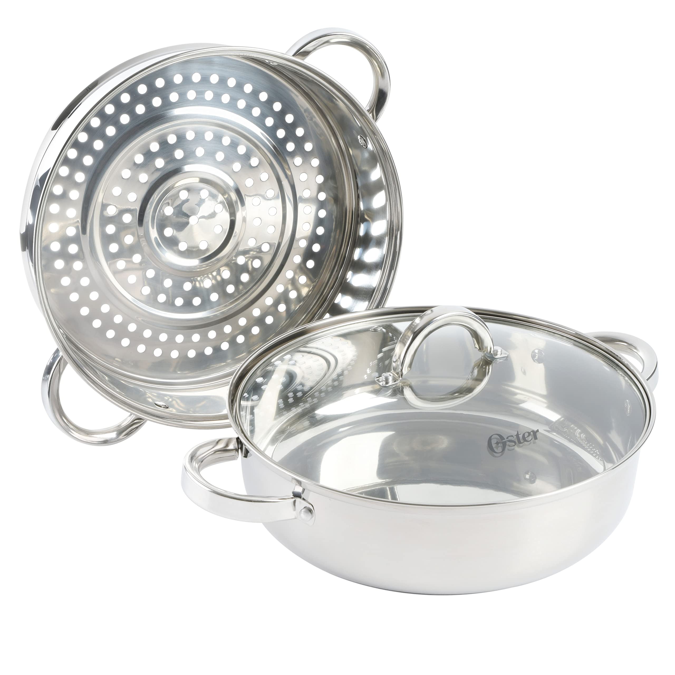 Oster Sangerfield 6 Quart Dutch Oven with Steamer Basket - Stainless Steel Casserole Pot for Baking, Roasting & Steaming - Perfect for Soups, Stews & Family Dinners