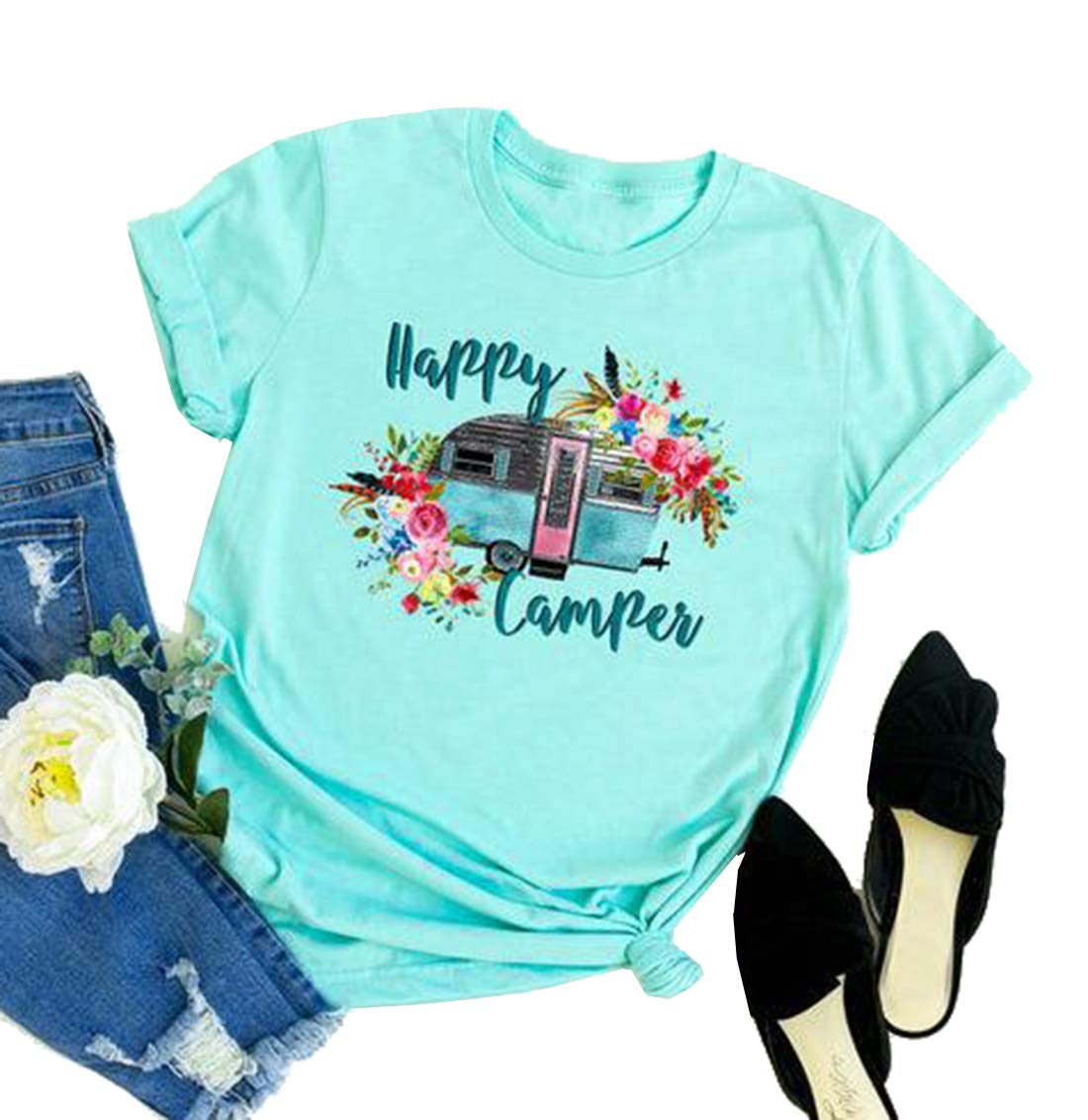 Umsuhu Women's Happy Camper Graphic T-Shirt - Funny Camping Tee for Outdoor Adventures, Hiking & Summer Travel