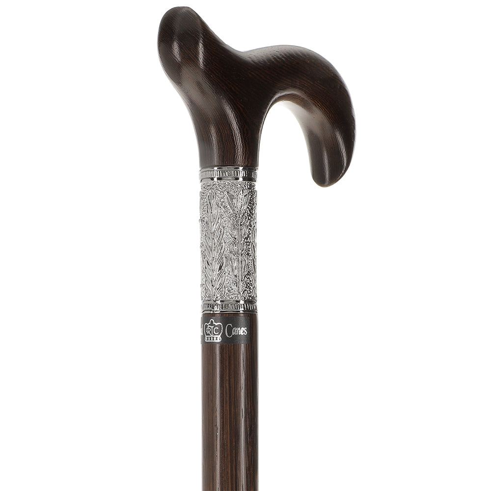 Handmade Wenge Wood Derby Walking Cane with Pewter Leaf Silver Collar - Scratch & Dent V2365 - Premium Mobility Aid for Hiking, Travel & Everyday Support