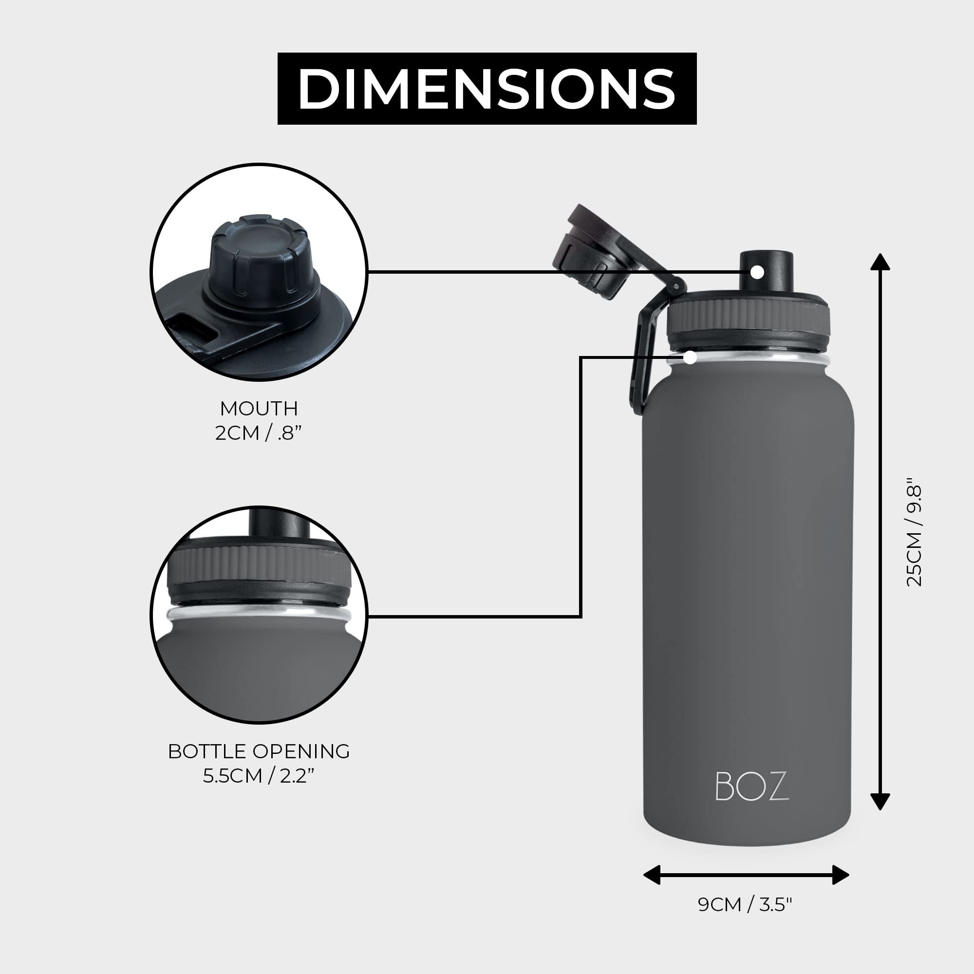 BOZ 32oz Stainless Steel Water Bottle - Wide Mouth, BPA Free, Double Wall Vacuum Insulated for Hot & Cold Drinks - Perfect for Gym, Hiking, Camping & Outdoor Activities (Grey)
