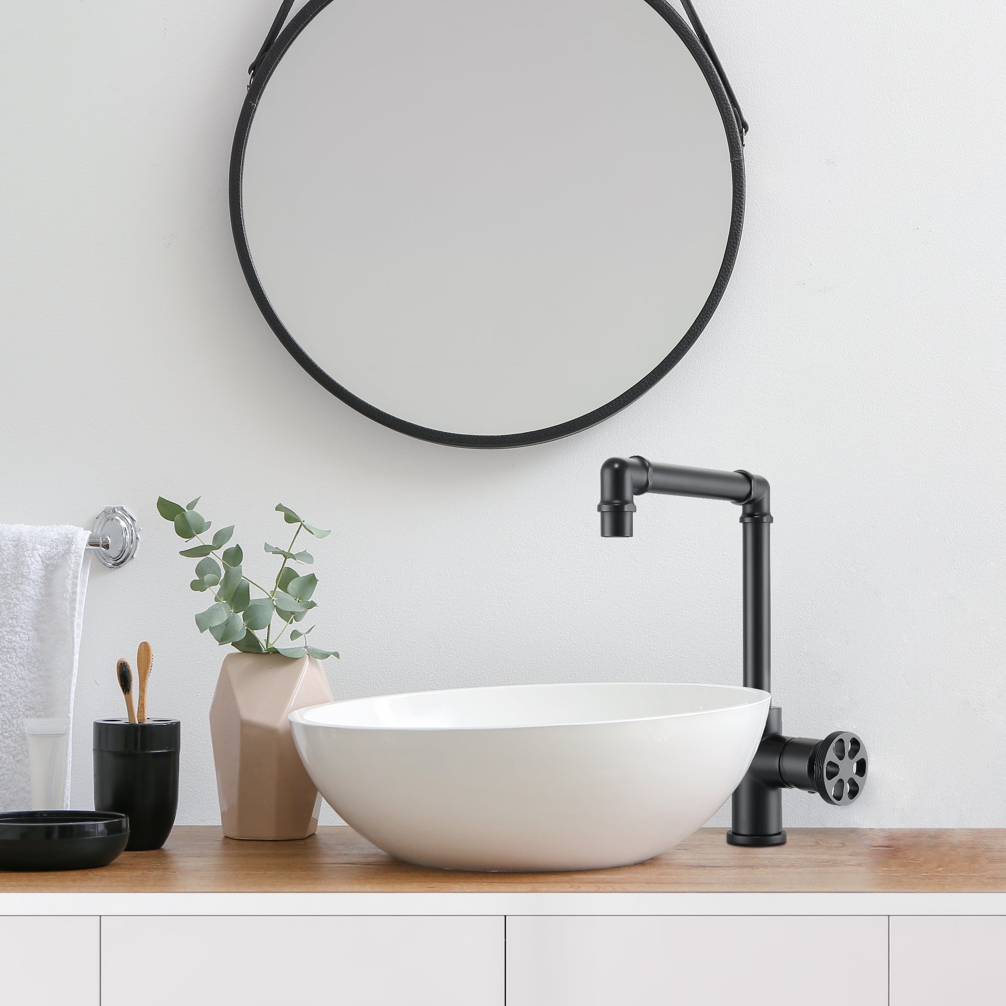 Ancona Matte Black Round Wheel Handle 1-Hole Deck Mount Bathroom Faucet - Perfect for Modern Vanities, Small Bathrooms & Water-Saving Designs
