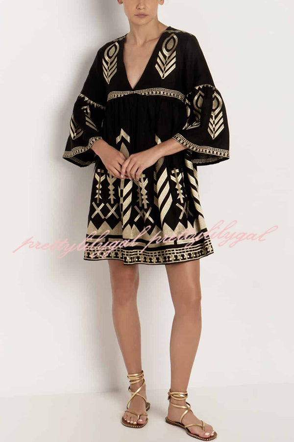 Elegant Gold Printed V-Neck Bell Sleeve Mini Dress for Women - Perfect for Parties, Date Nights & Special Occasions
