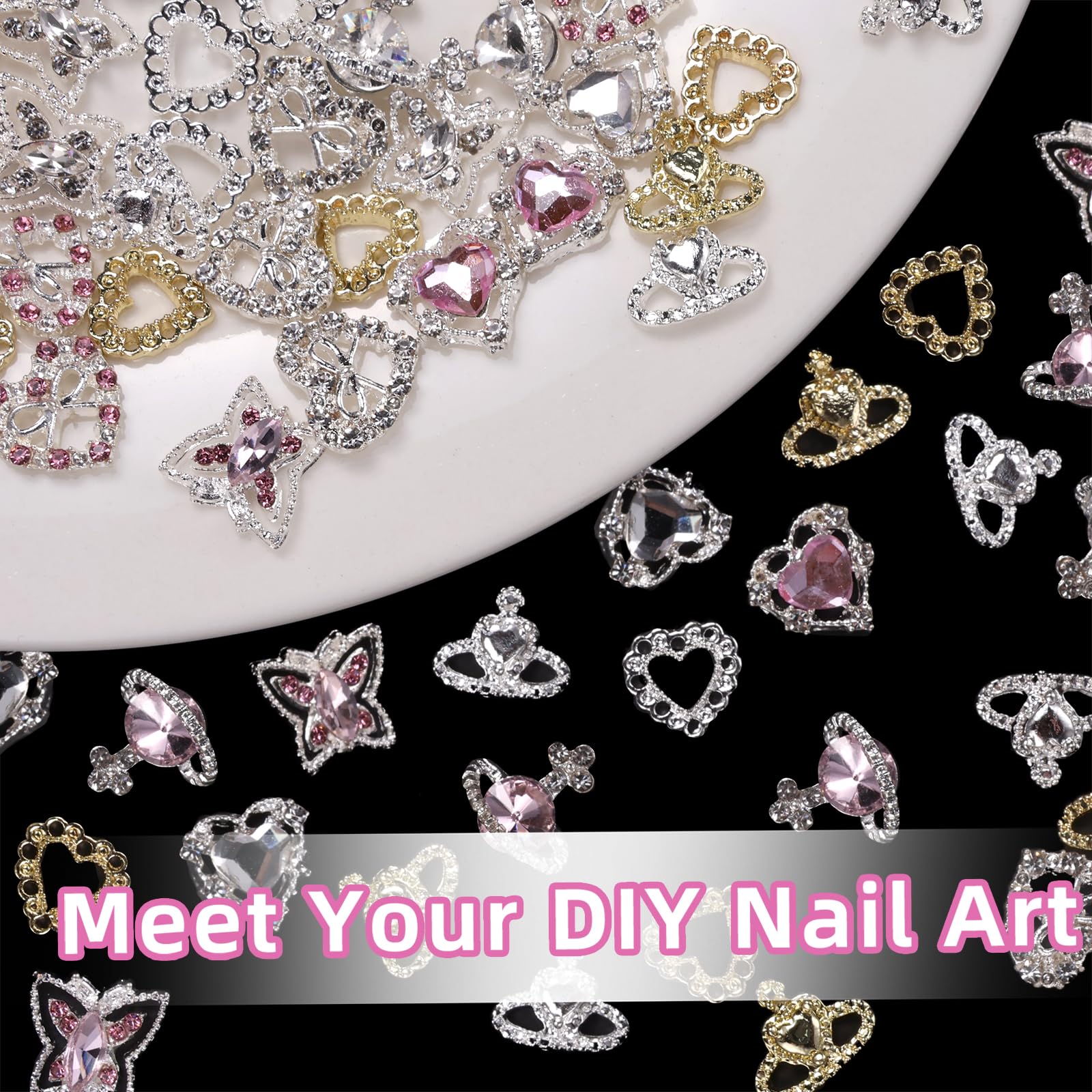 72 Pcs Heart Nail Charms - Shiny Planet Heart, Butterfly Metal Charms & Gems for Nail Art DIY - Silver Gold Heart Crown Nail Decorations - Perfect for Manicures, Nail Extensions & Creative Nail Designs