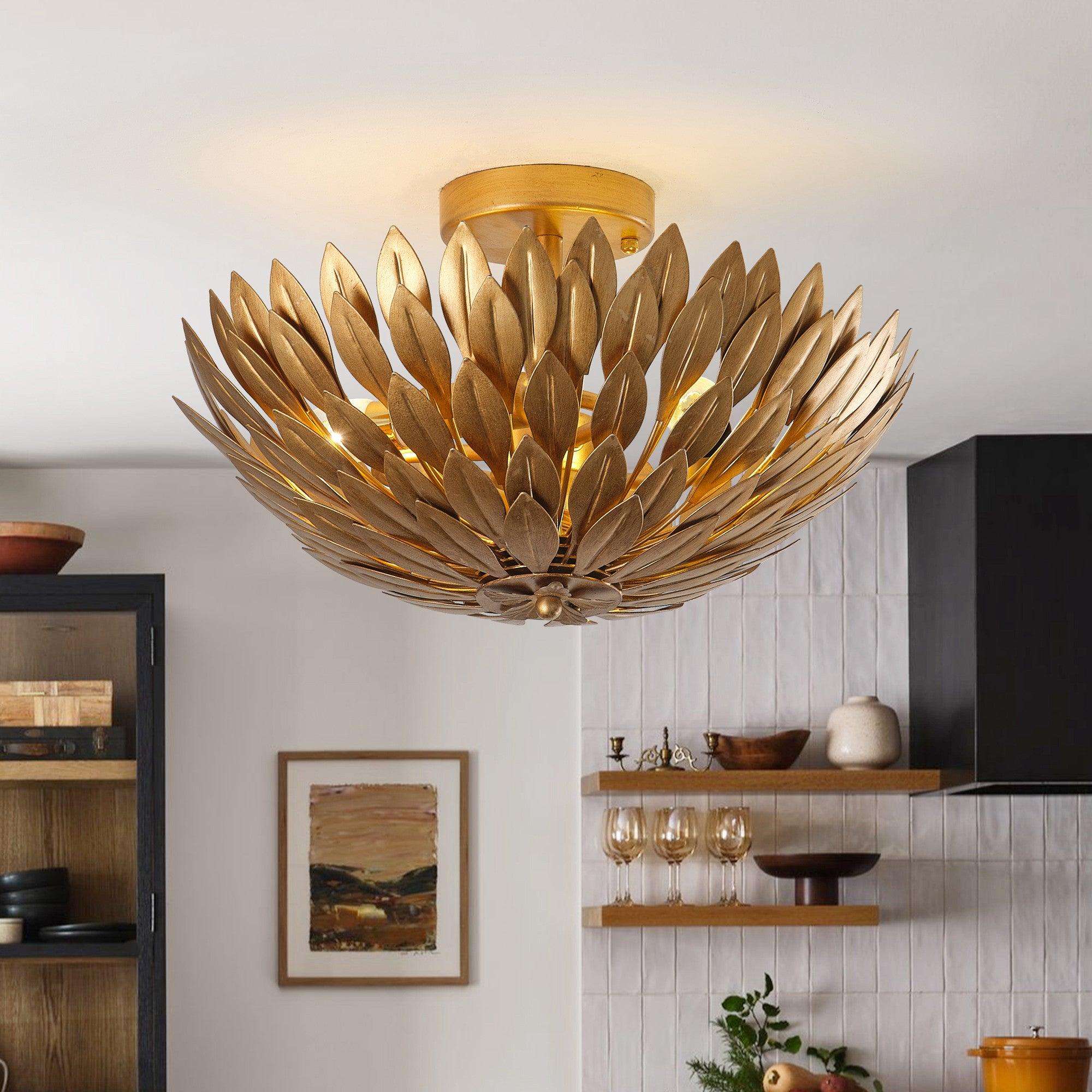 16 Inch 3-Light Farmhouse Golden Semi-Flush Mount Ceiling Light Fixture - Perfect for Kitchen, Dining Room, and Bedroom Lighting