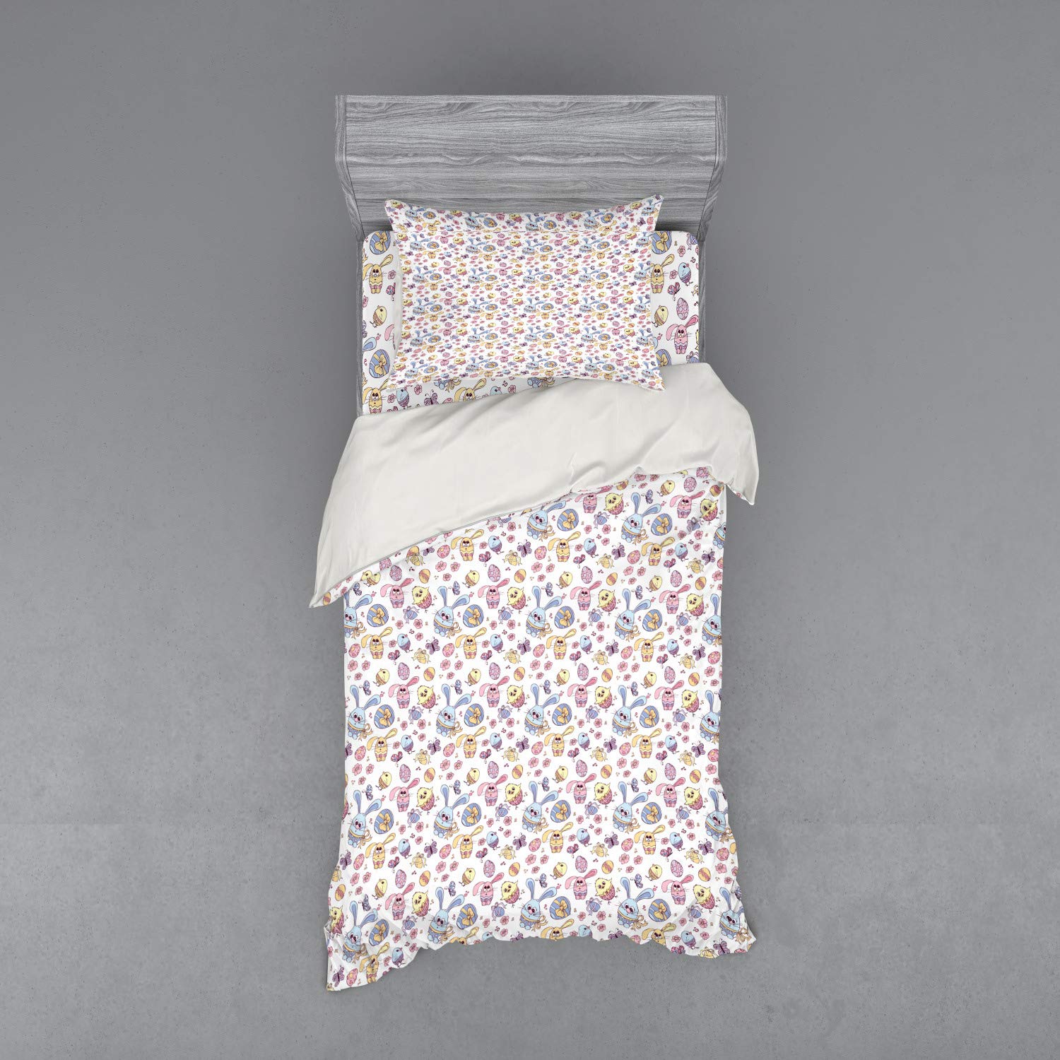 Ambesonne Easter Bedding Set - 3 Piece Duvet Cover with Sham & Fitted Sheet, Twin XL Size, Cheerful Bunny Chicken Floral Butterfly Print, Multicolor - Perfect for Spring Decor, Kids Room & Holiday Themed Bedroom